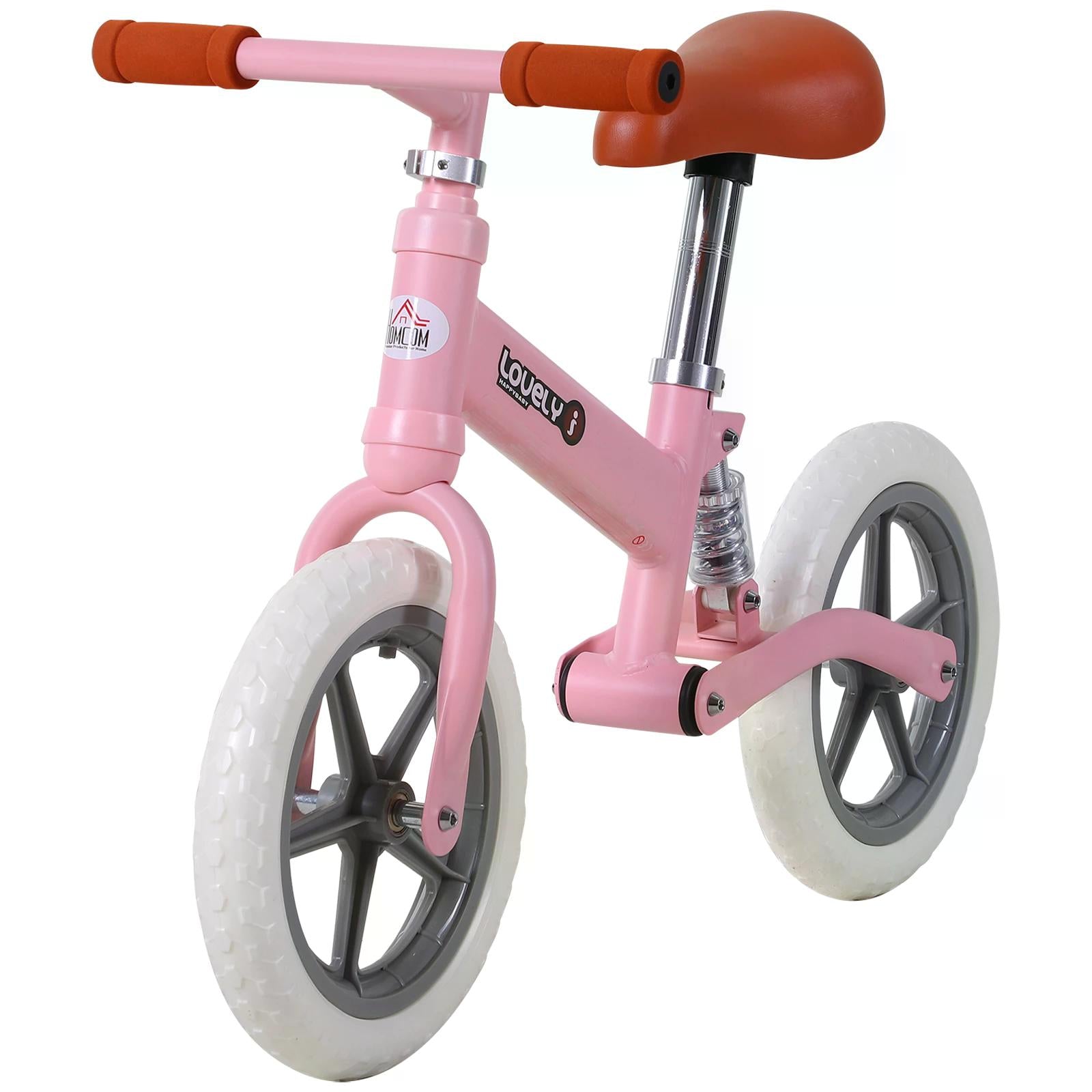 HOMCOM 12" Kids Balance Bike No Pedal Bicycle EVA Tire Adjustable Seat Toddler Training Bike W/ Shock Absorber 2 - 5 Years Gift for Boys Girls Pink