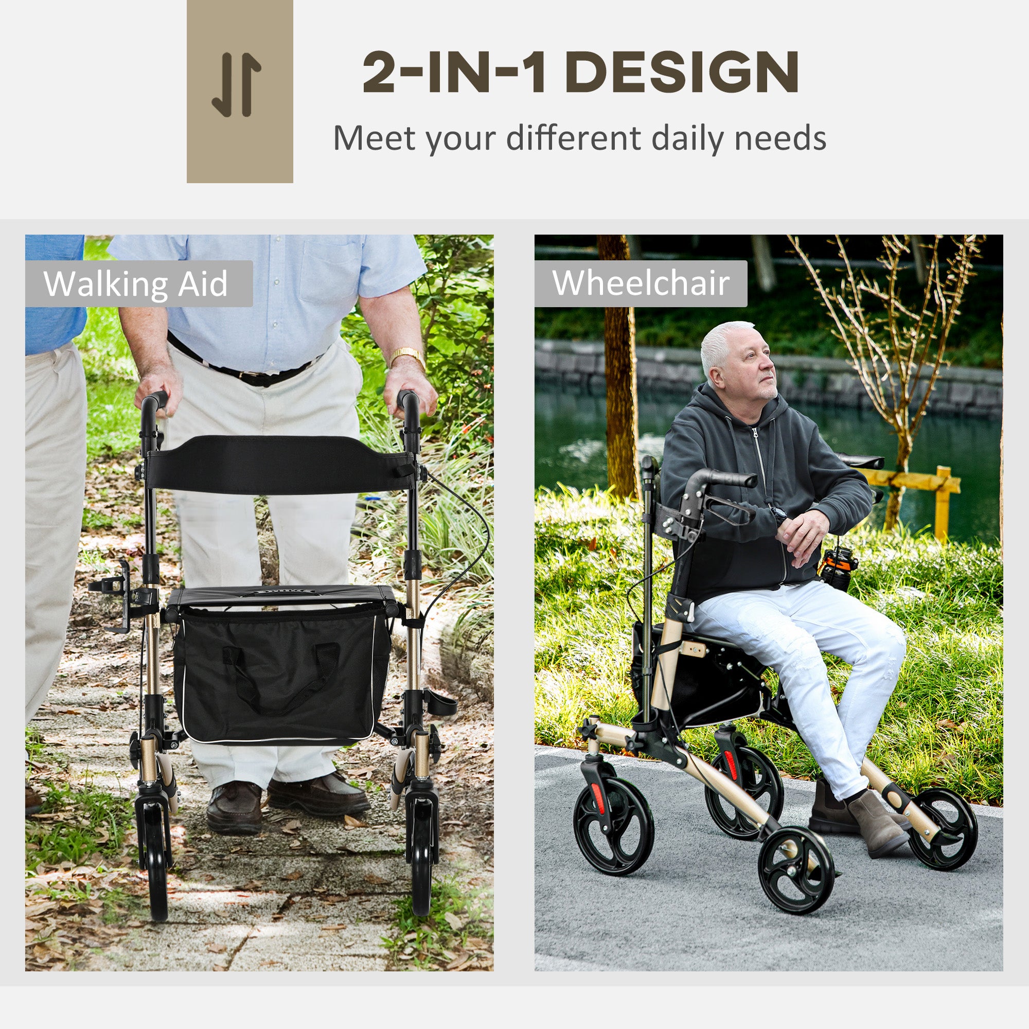 HOMCOM Folding Rollator with Cane Holder, Adjustable Handle Height and Aluminum Frame, 4 Wheeled Mobility Walker with Seat and Bag, Gold - North Peak Garden Furniture