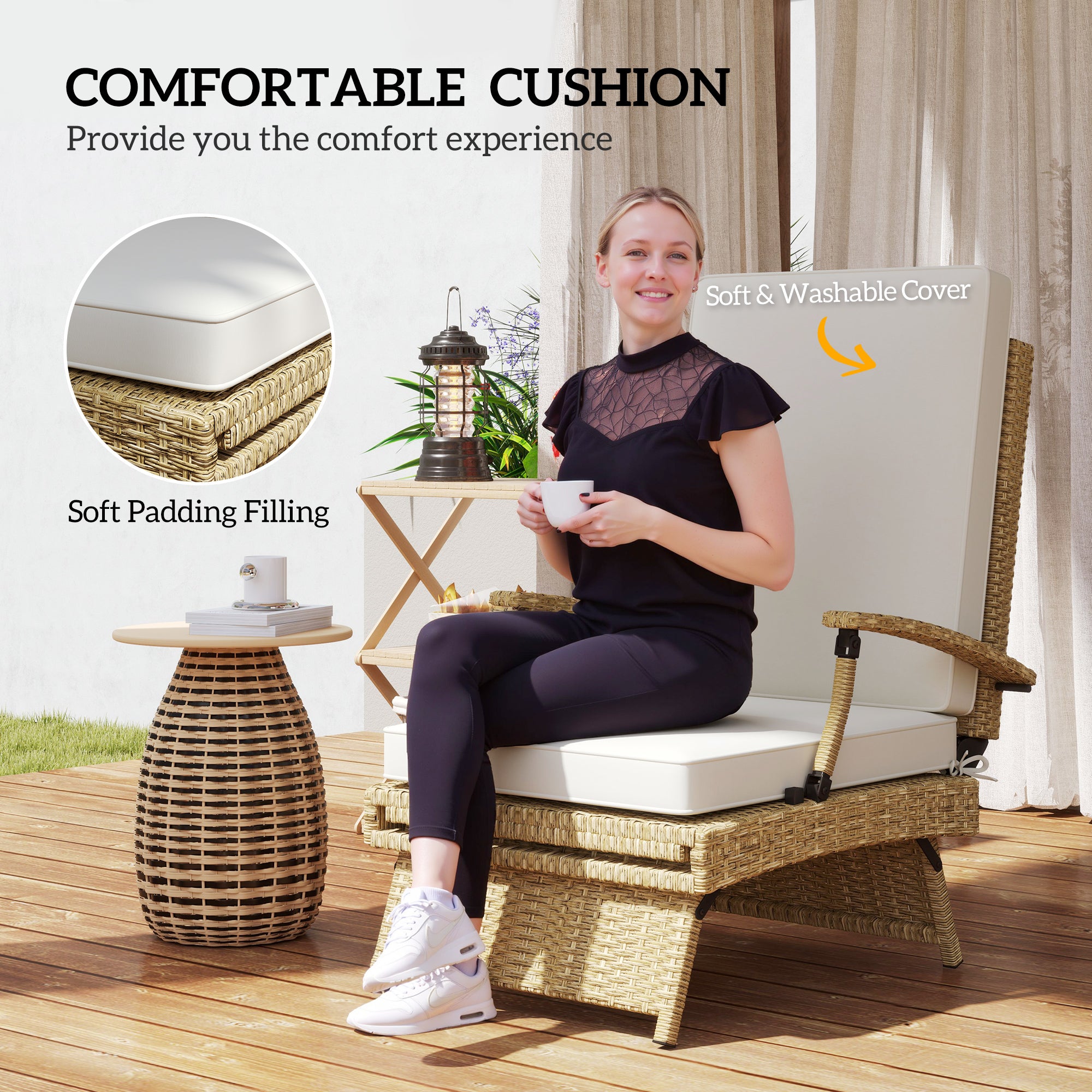 Outsunny 80° Reclining Rattan Lounger - White/Beige - North Peak Garden Furniture