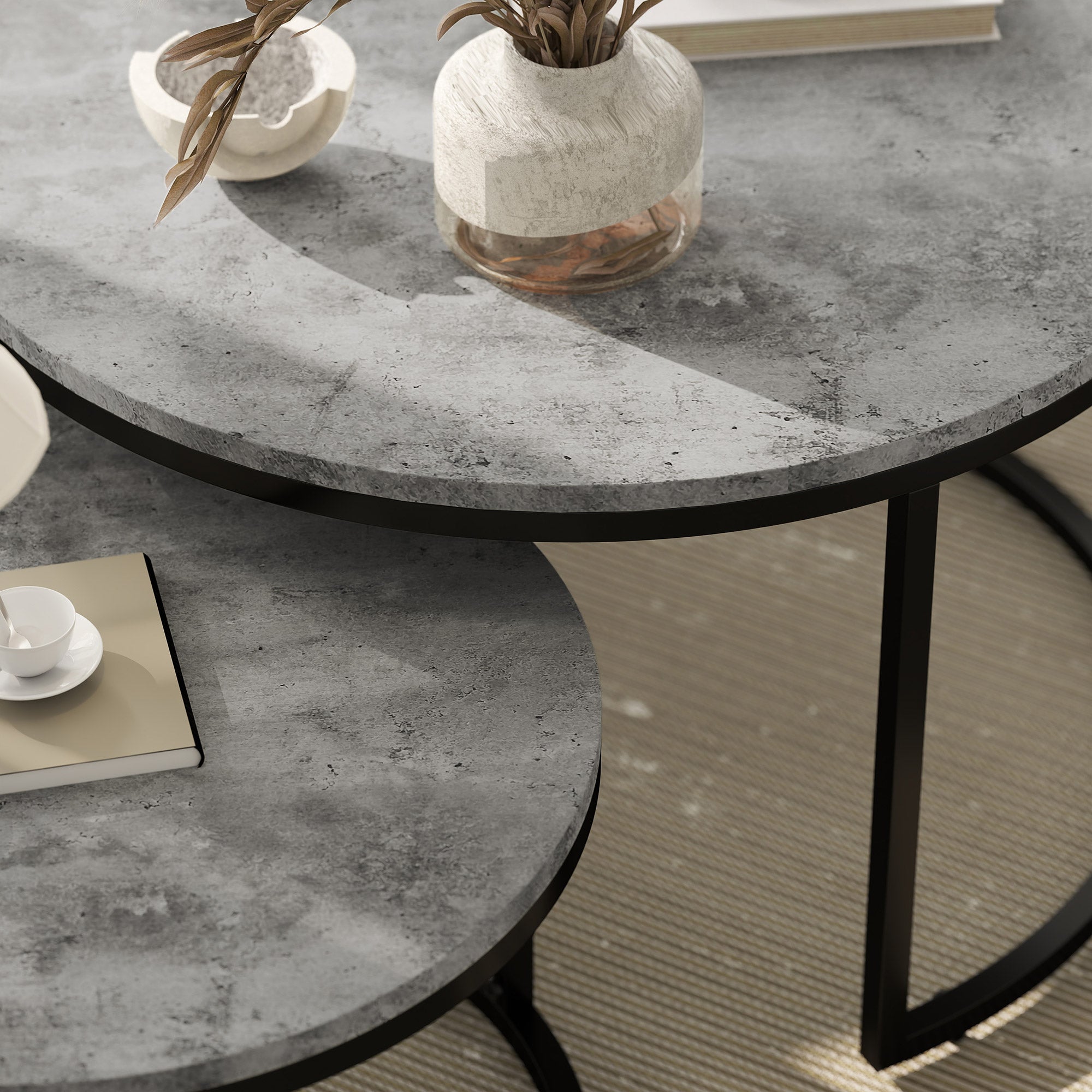 HOMCOM Set of Two Marble-Effect Stacking Tables - Grey/Black - North Peak Garden Furniture
