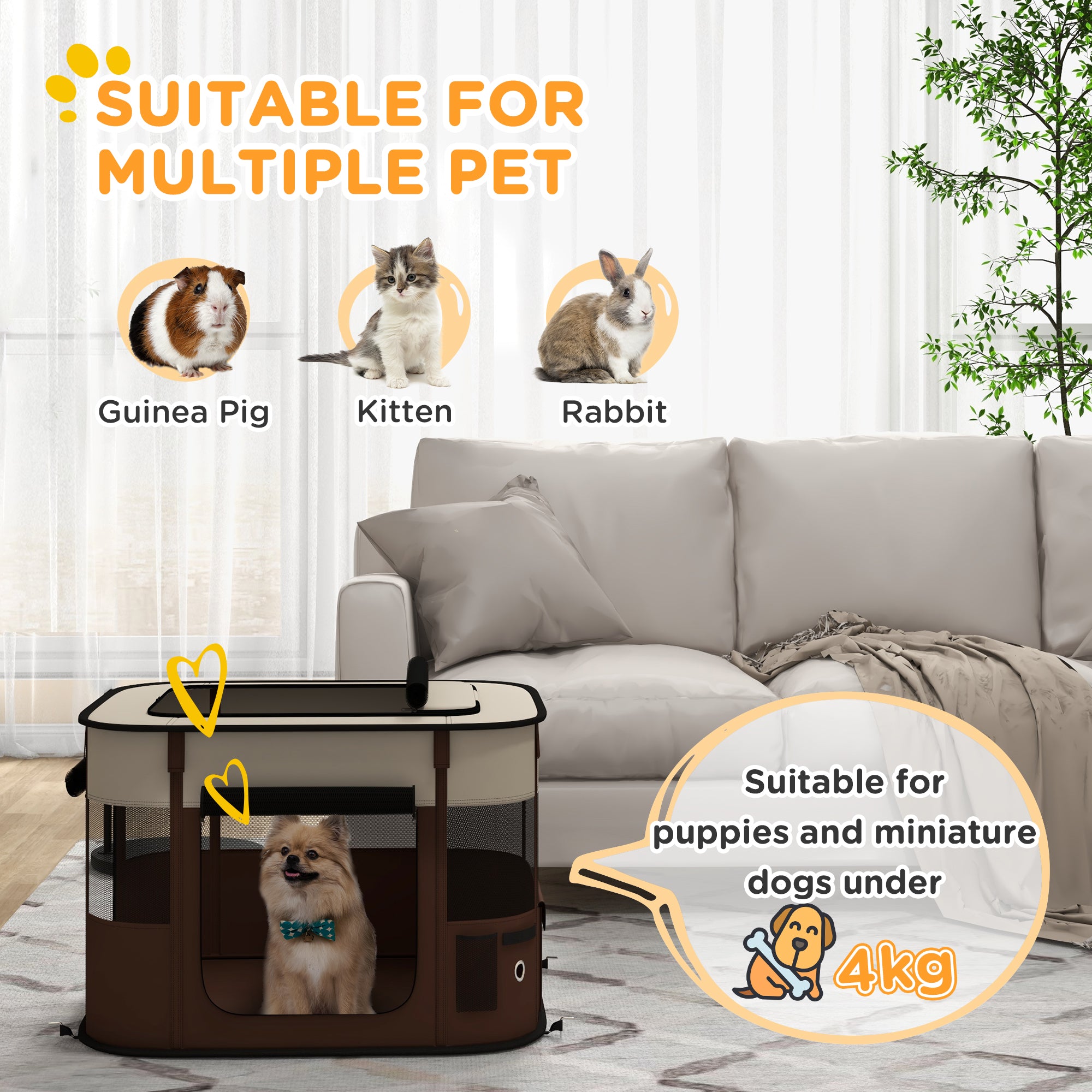 PawHut Foldable Dog Pen with Storage Bag for Indoor/Outdoor Use, Portable Pet playpen, with Ground Stakes - Brown - North Peak Garden Furniture