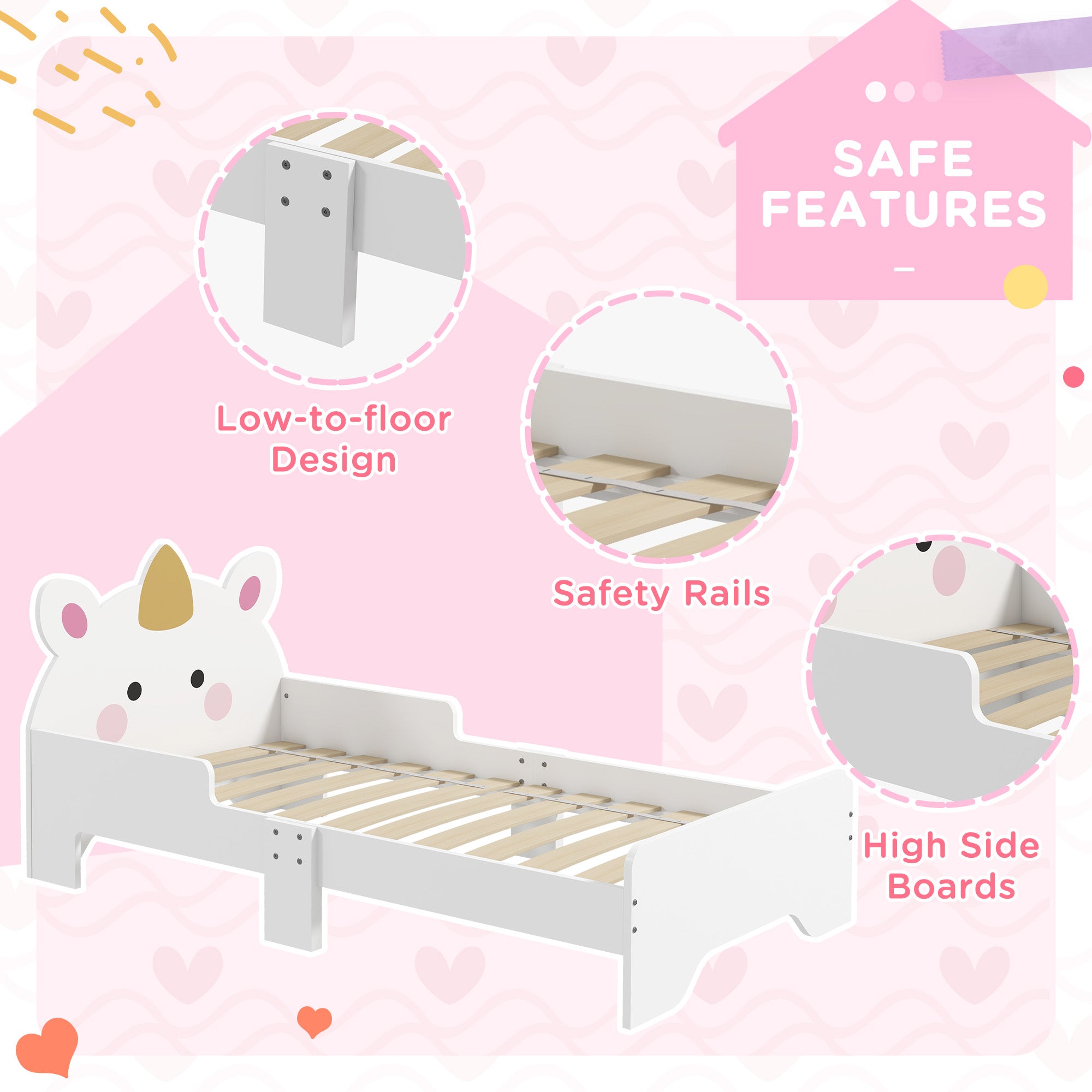 ZONEKIZ Unicorn-Designed Toddler Bed, Kids Bedroom Furniture, for Ages 3-6 Years, 143 x 74 x 67cm - White - North Peak Garden Furniture