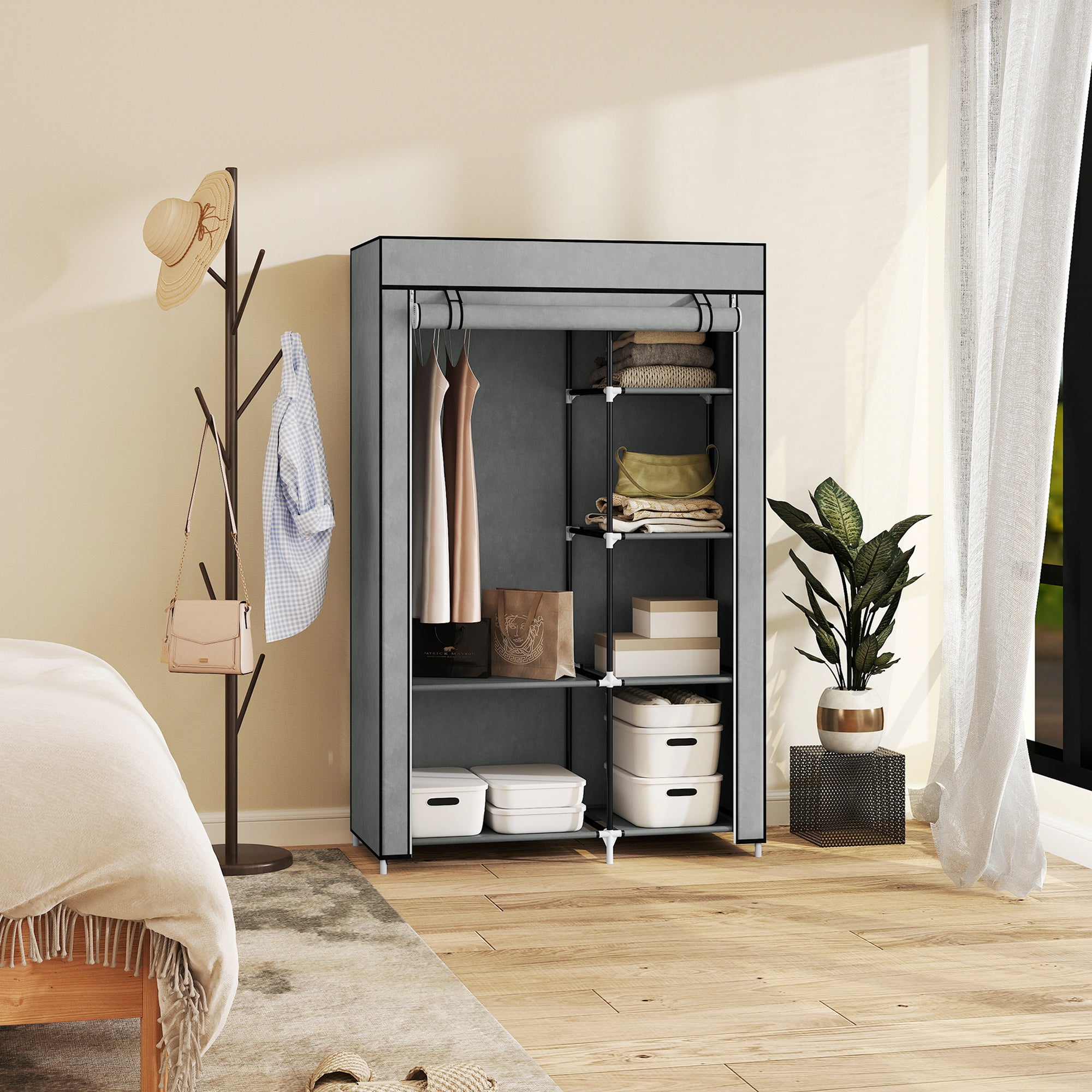 HOMCOM Fabric Wardrobe, Portable Wardrobe with 6 Shelves, 1 Hanging Rail, Foldable Closets, 103 x 43 x 162.5 cm, Light Grey - North Peak Garden Furniture