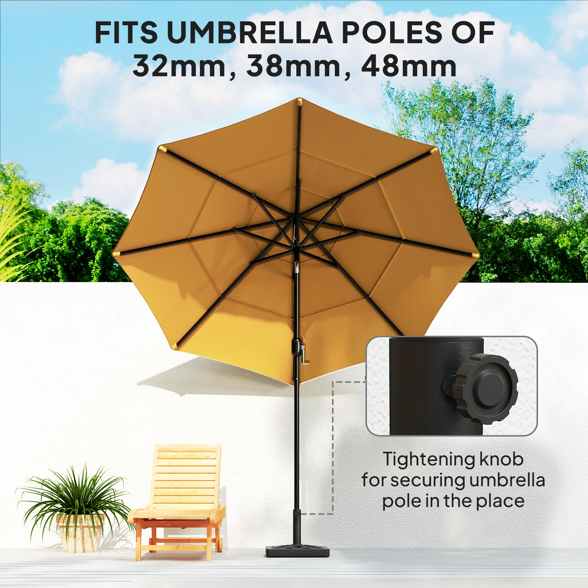 Outsunny Garden Parasol Base, 15kg HDPE Outdoor Umbrella Stand Parasol Stand with Cut-Out Design, Sun Umbrella Base for 32, 38, 48 mm Poles, Black - North Peak Garden Furniture
