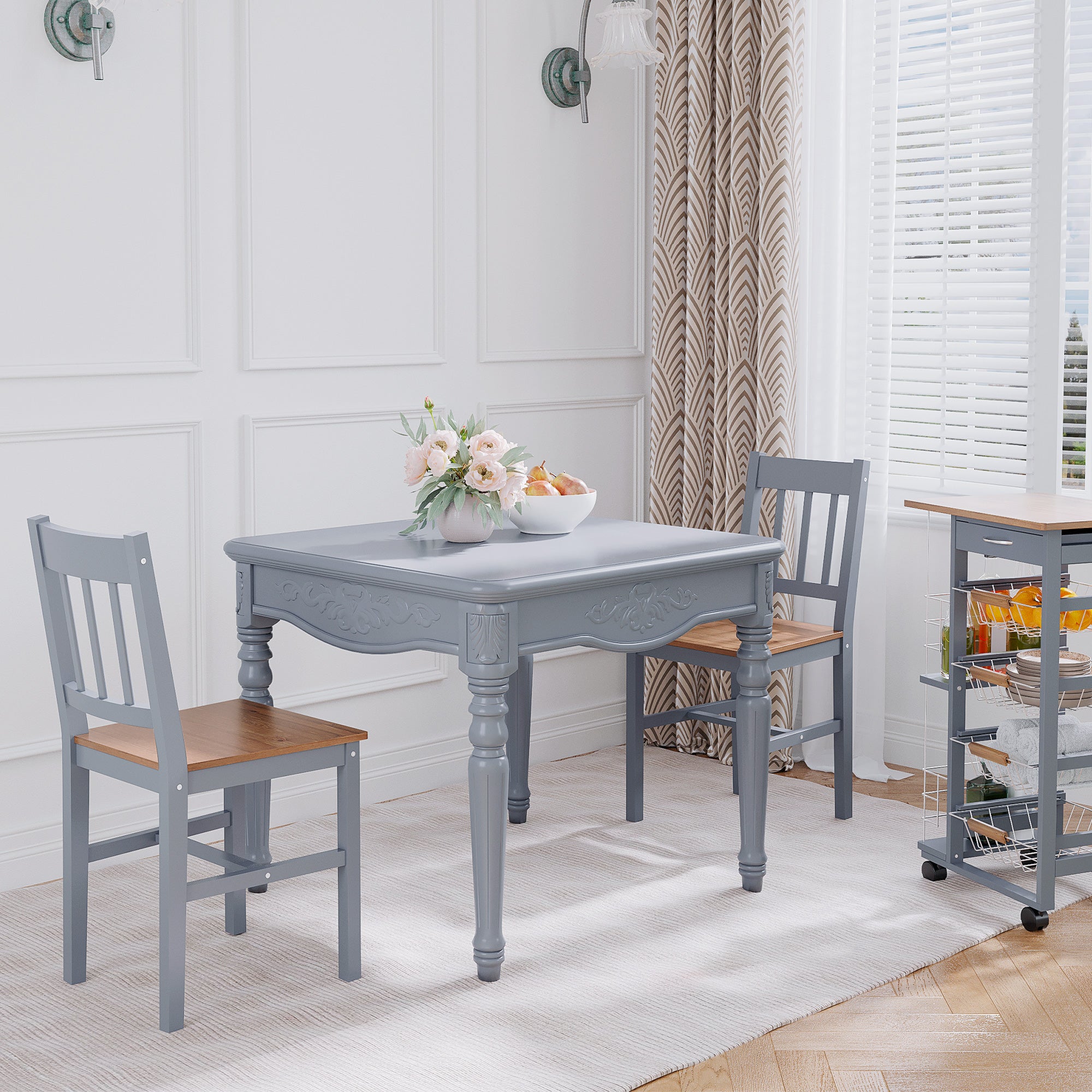 HOMCOM Dining Chairs Set of 2, Kitchen Chair with Slat Back, Pine Wood Structure for Living Room and Dining Room, Grey - North Peak Garden Furniture