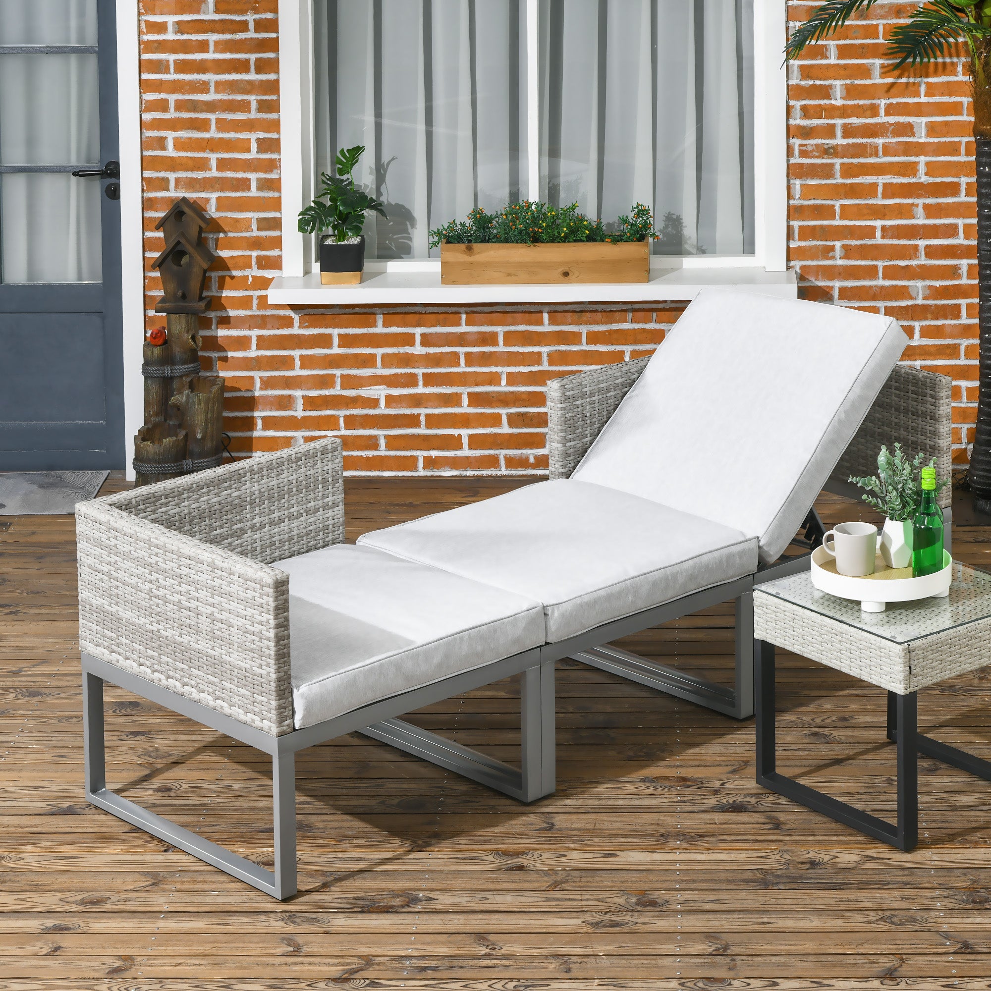 Outsunny 3-in-1 Rattan Bistro Set, Wicker Garden Furniture Set with 2-level Rising Table, Adjustable 3-seater Sofa Lounger with Washable Cushions for Outdoor, Patio, Balcony, Grey