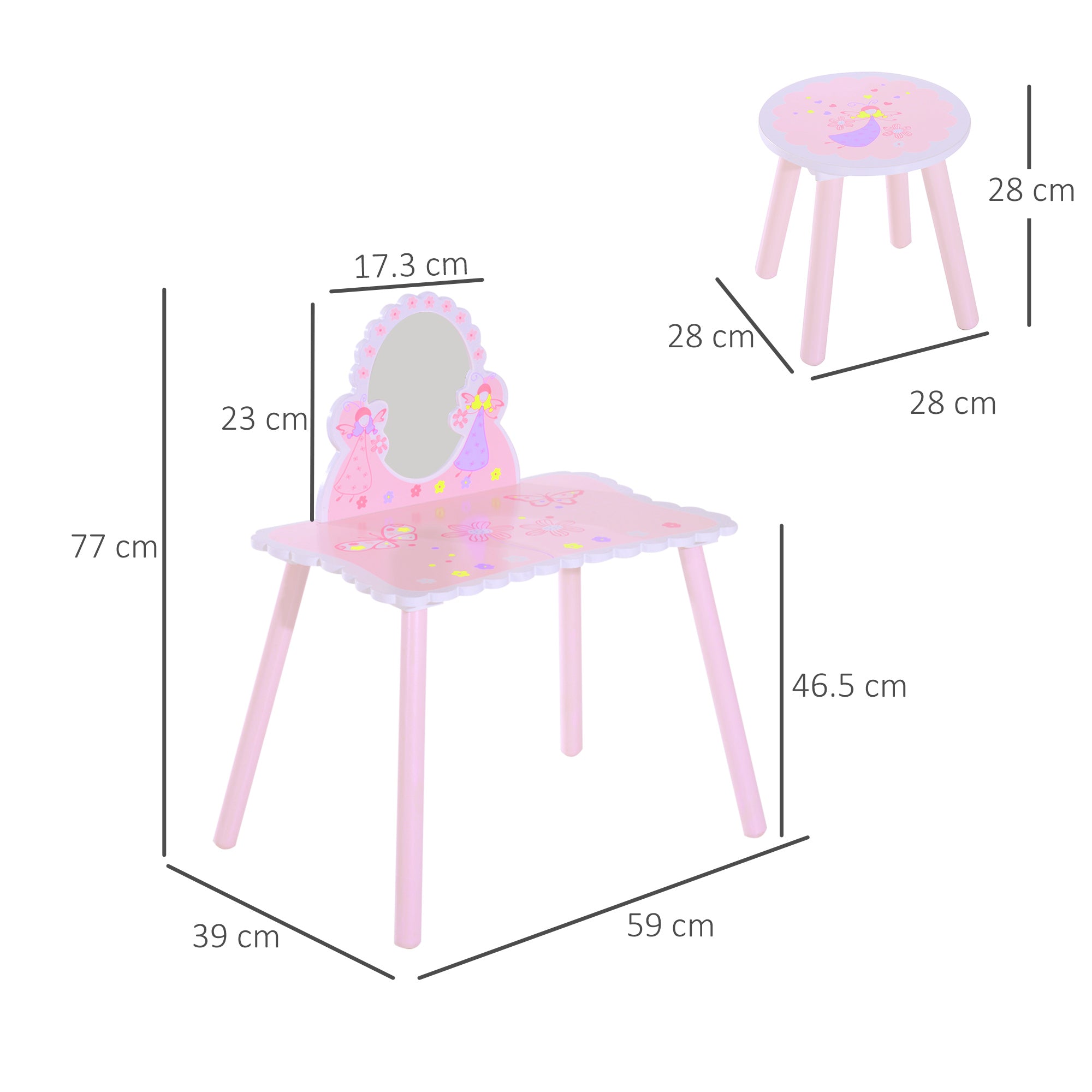 HOMCOM Kids Dressing Table Girls Pink Wooden Kids Dressing Table & Stool Make Up Desk Chair Toys Fairy Dresser Play Set w/Mirror - North Peak Garden Furniture