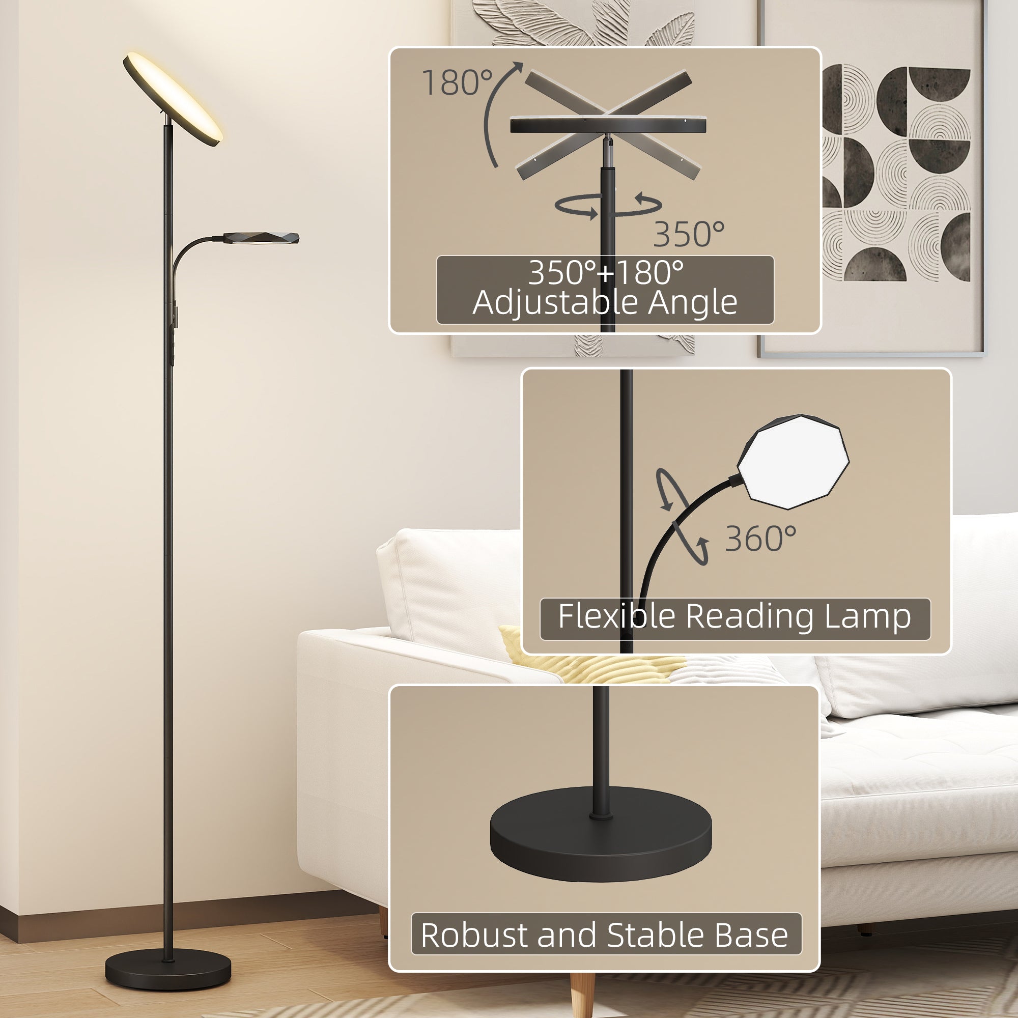 HOMCOM Mother and Child Uplighter Floor Lamp for Living Room, Stepless Dimmable Standing Lamp with Reading Light, 4 Scene Modes, 2700K-6500K Colour Temps, 4 Brightness Levels, Remote Control, Black - North Peak Garden Furniture