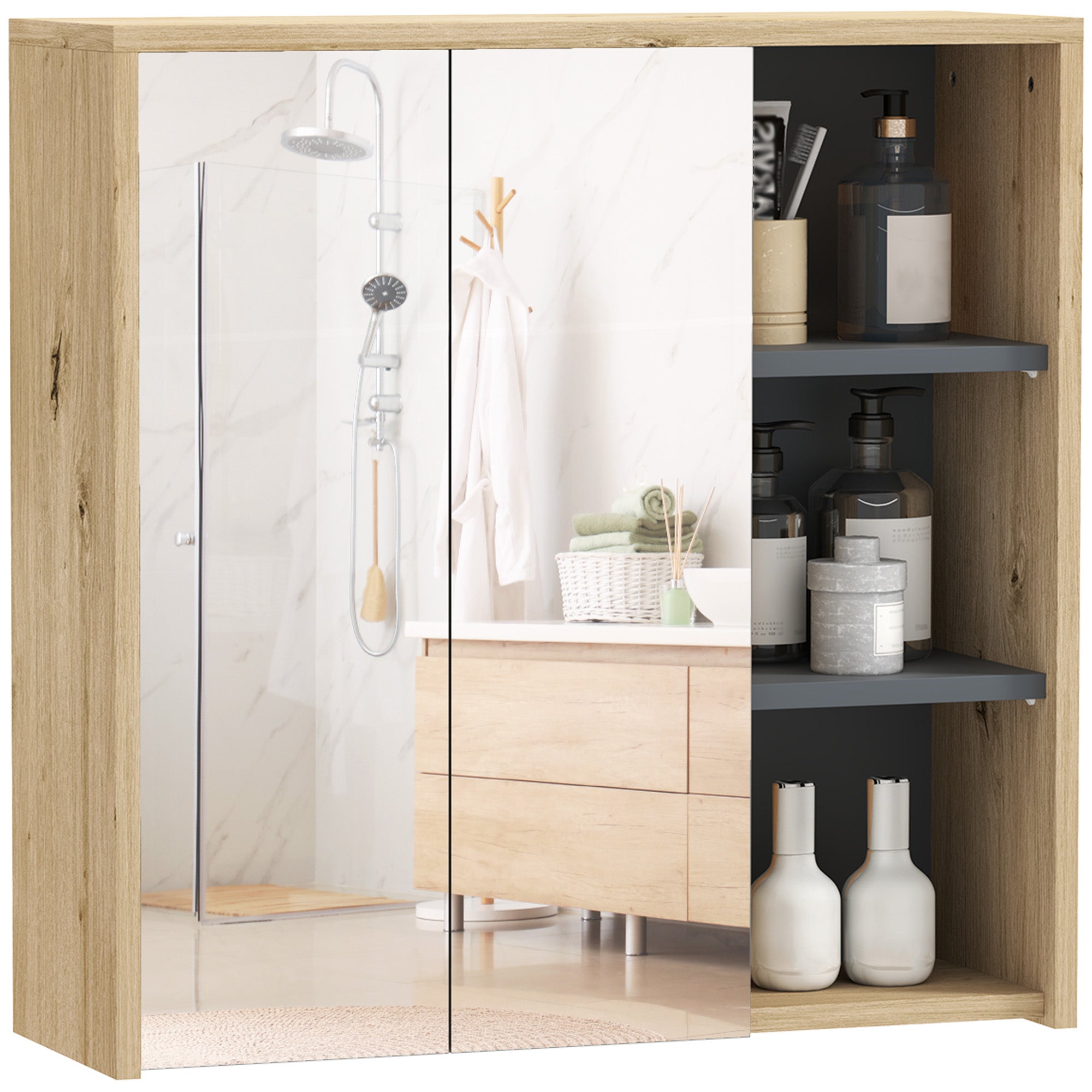 HOMCOM Five-Shelf Mirrored Bathroom Cabinet - Wood-Effect - North Peak Garden Furniture