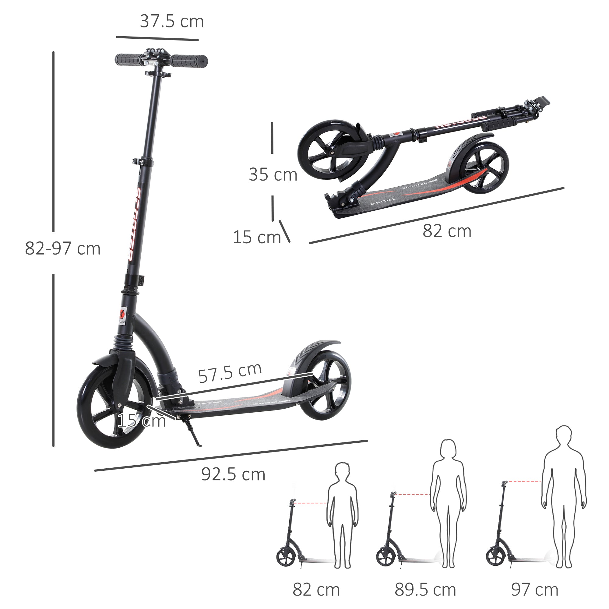 HOMCOM Teens Adult Kick Scooter w/ Shock Absorption Mechanism Foldable Adjustable Height Aluminium Frame Ride On Toy for 14+ - Black