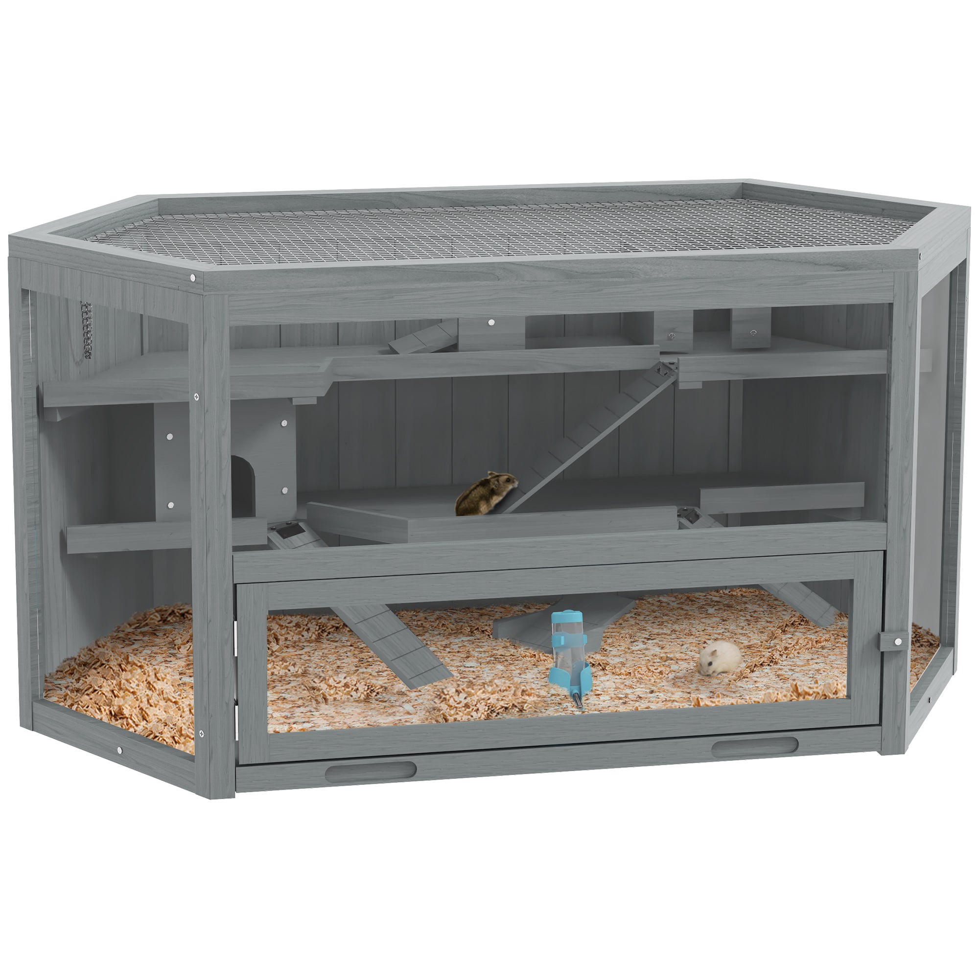 PawHut 3 Tier Wooden Large Hamster Cage with Sliding Tray, Seesaws, Water Bottle, Grey - North Peak Garden Furniture