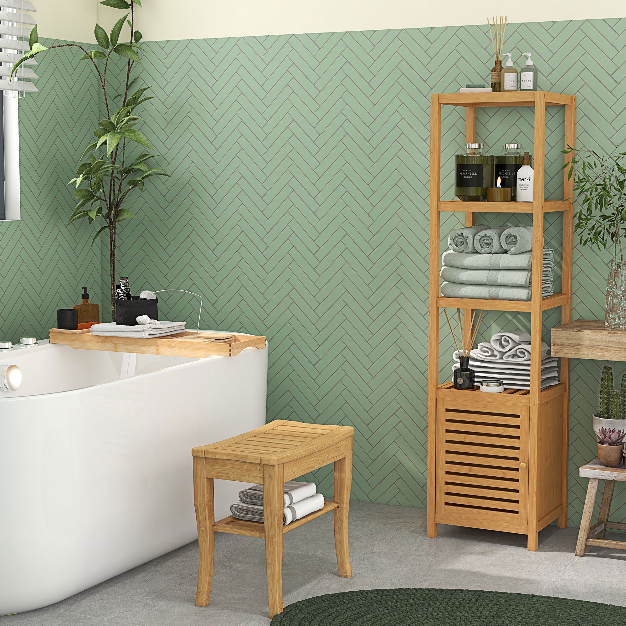 HOMCOM 45cm 2-Tier Slatted Shower Bench Storage Seat w/ 4 Legs Comfortable Safe Bathroom Stool Spa Bath Organiser - North Peak Garden Furniture