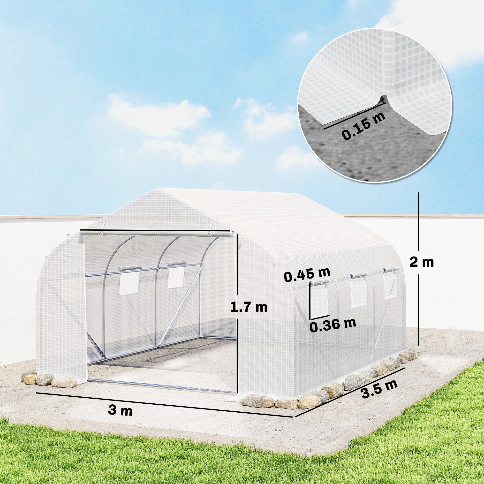 Outsunny Walk-In Polytunnel Greenhouse Warm House Garden Tunnel Shelter Plant Shed with Door and Windows, Galvanised Steel Frame, 3.5 x 3 x 2m, White
