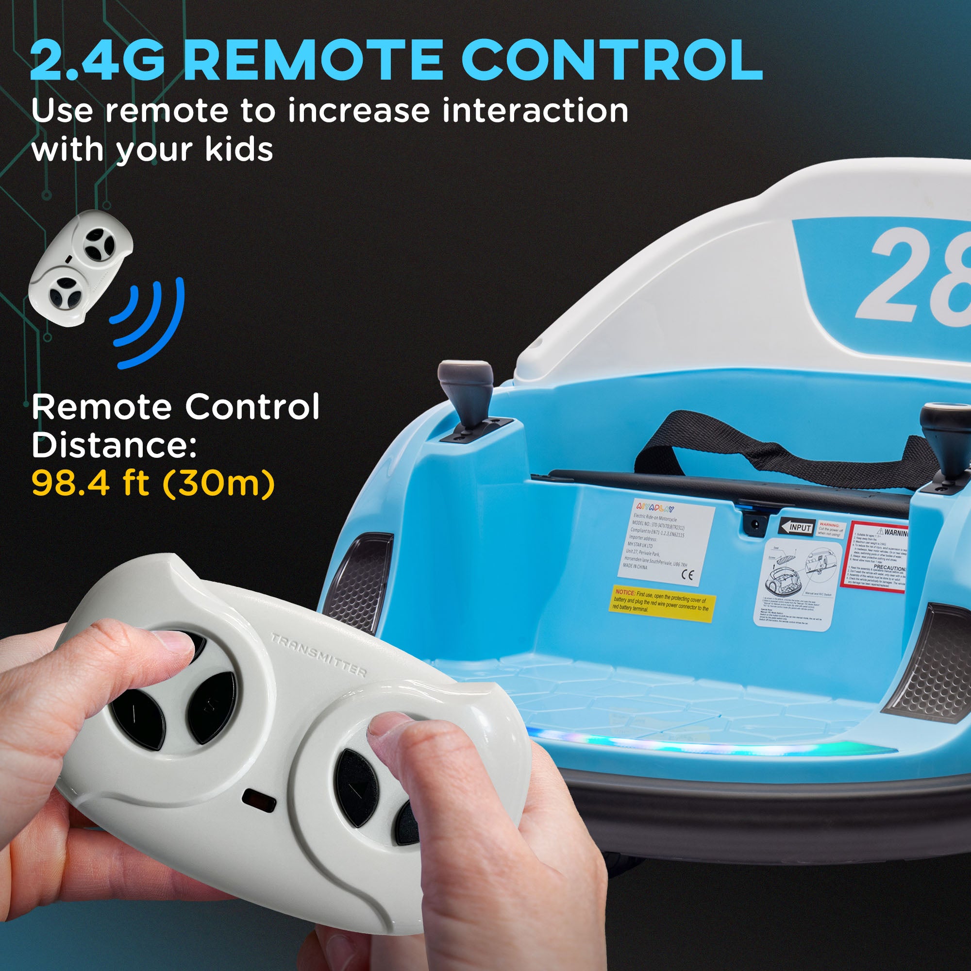 AIYAPLAY 360° Rotation Kids Bumper Car, 12V Waltz Car with Remote Control, Dual Joystick, Music, Lights, Light Blue