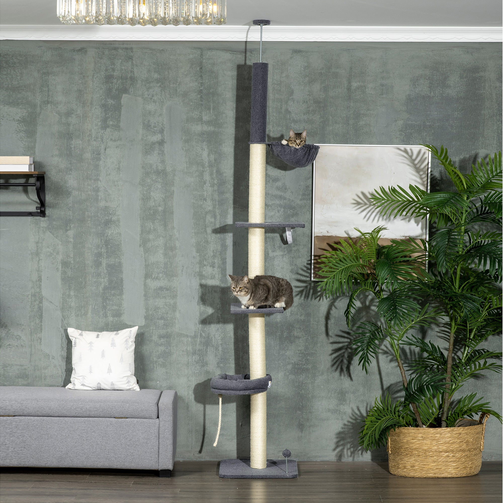 PawHut 240-270cm Floor-To-Ceiling Cat Tree, 5 Tier Cat Climbing Tower, with Bed, Hammock, Platforms, Black and Cream