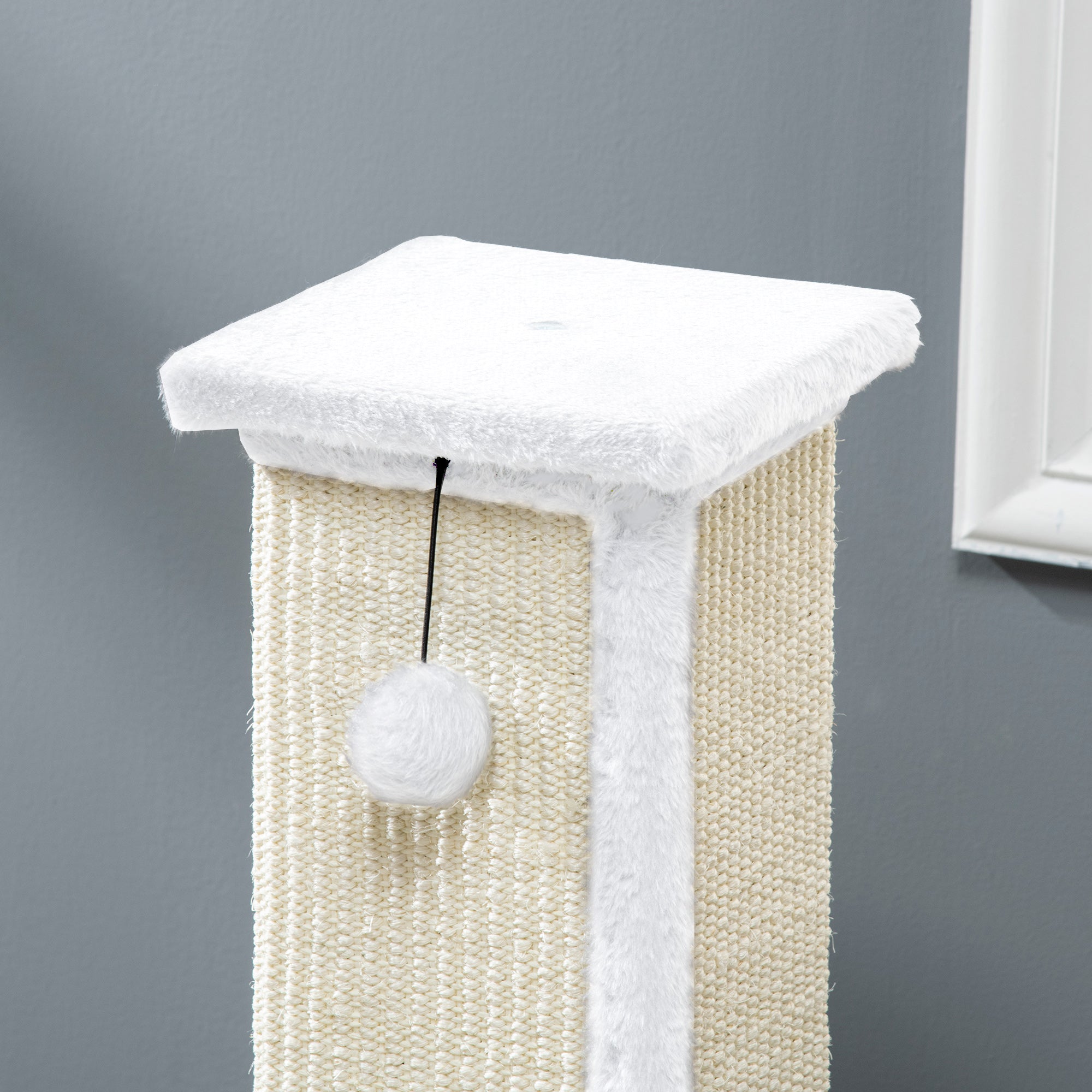 PawHut 81cm Cat Scratcher, Vertical Full Scratcher w/ Natural Sisal Rope, Hanging Ball, Soft Plush - White