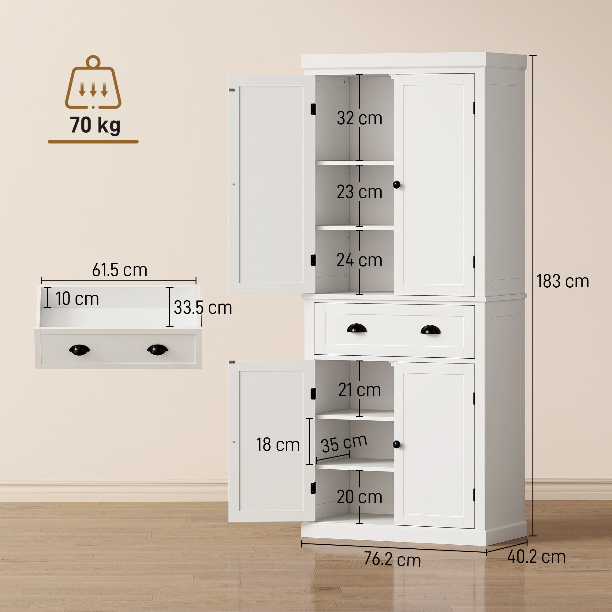 HOMCOM Tall Kitchen Cupboard, 183 cm Freestanding Storage Cabinet with Drawer, 4 Doors and Adjustable Shelves, White