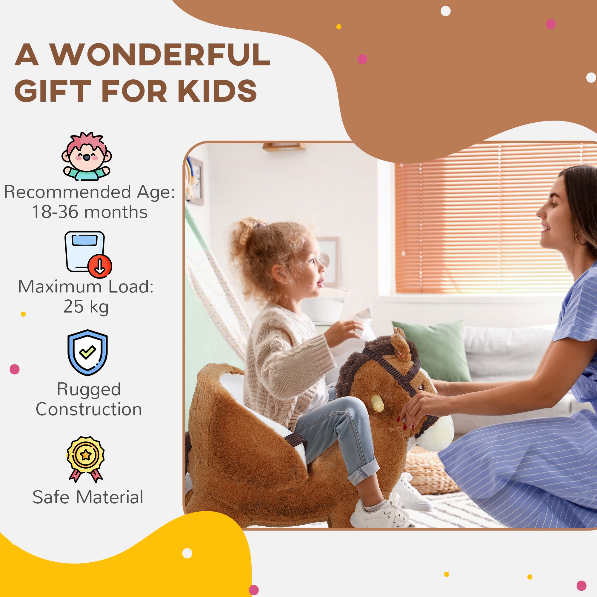 AIYAPLAY Kids Rocking Horse, Plush Ride on Horse, with Sound, Wood Base, for Ages 18-36 Months, Brown - North Peak Garden Furniture