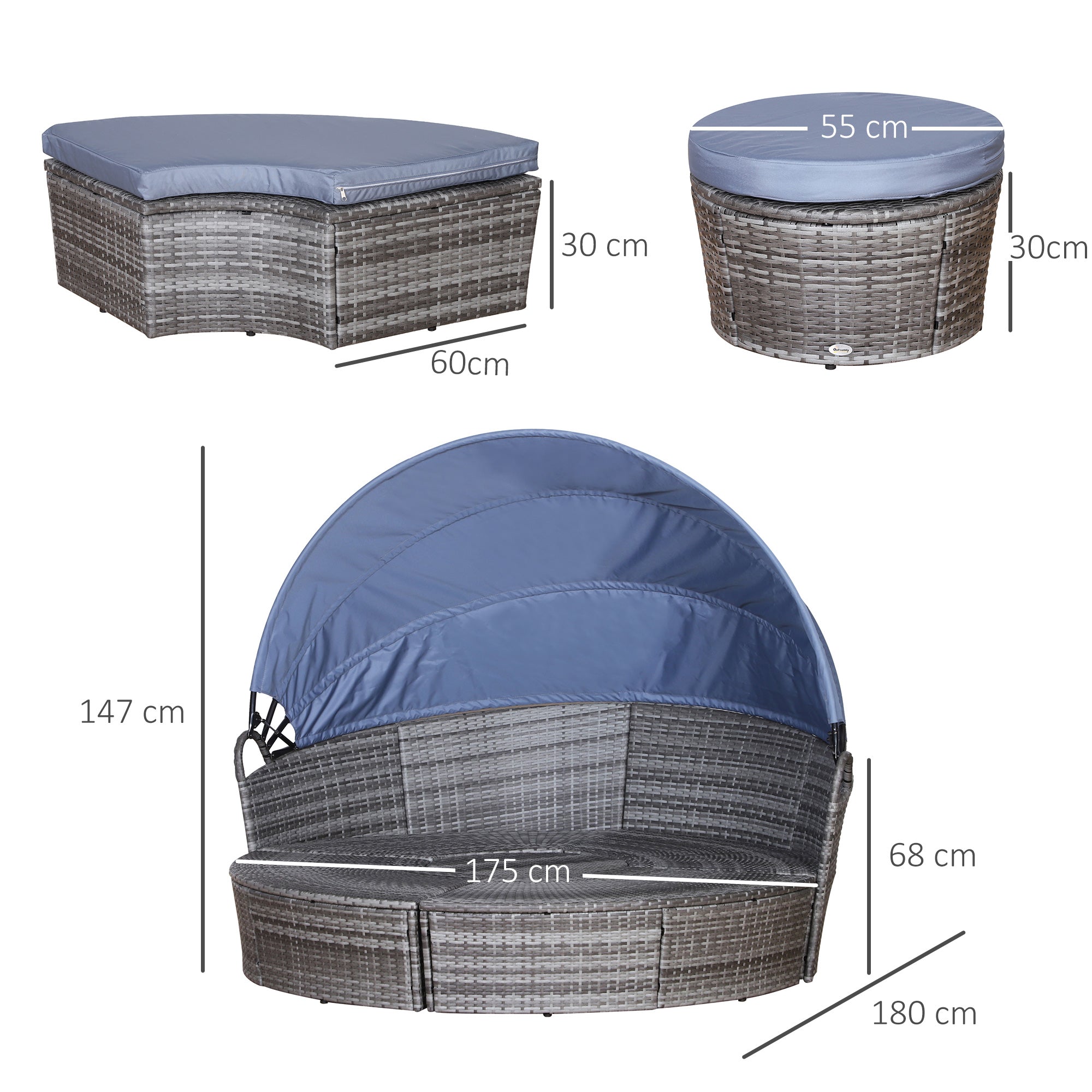 Outsunny PE Rattan Lounge Set, 5 Pieces Patio Conversation Furniture Set, Garden Round Sofa Bed with Cushion and Retractable Canopy, Grey - North Peak Garden Furniture