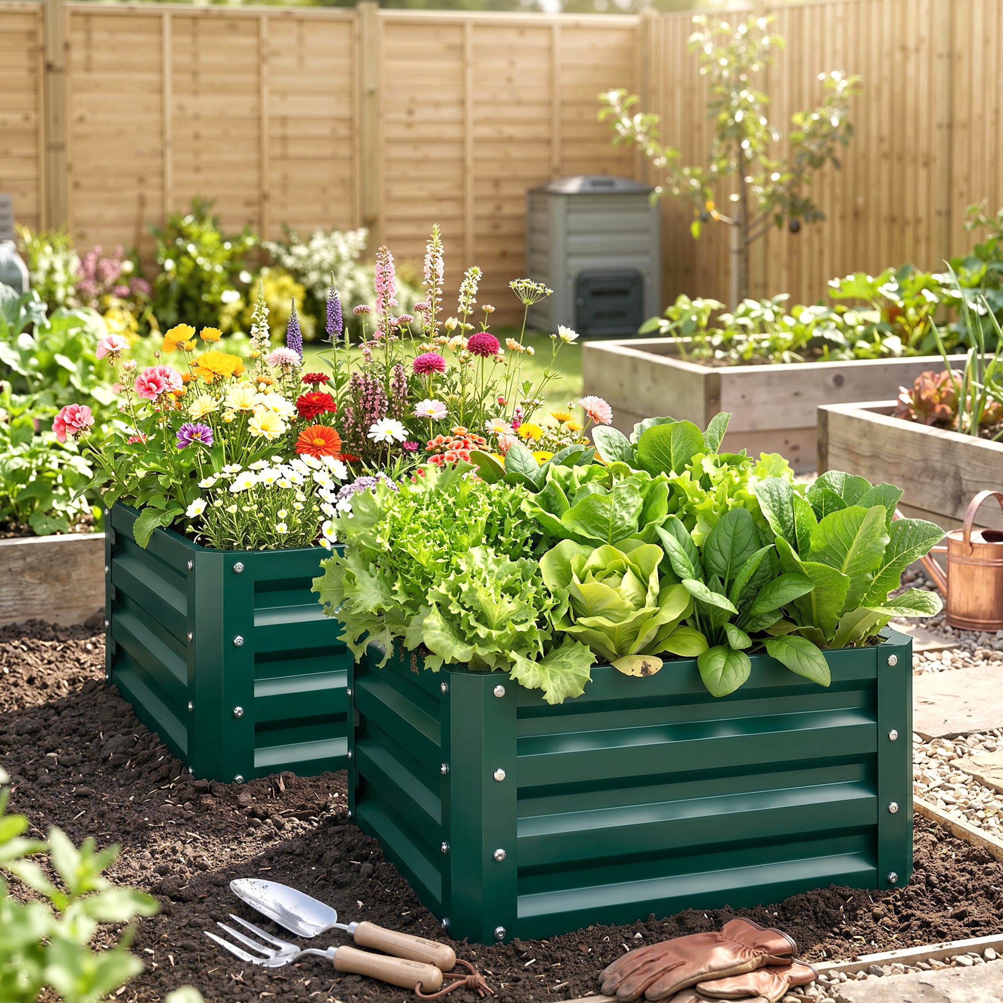 Outsunny Set of 2 Raised Garden Bed, Outdoor Elevated Galvanised Planter Box for Flowers, Herbs, 60x60x30.5cm, Green