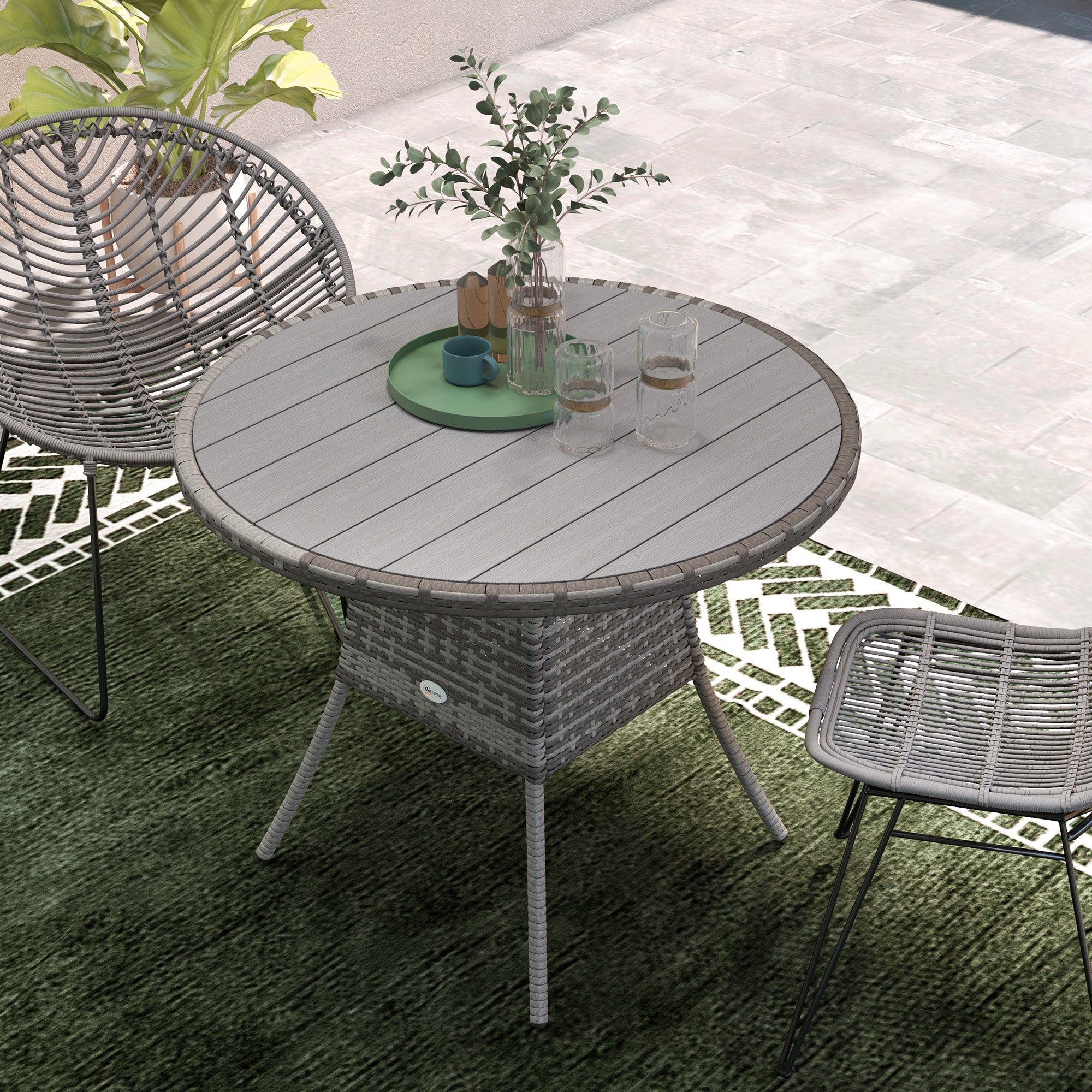 Outsunny 90cm Four-Person Wood-Effect Rattan Table - Grey