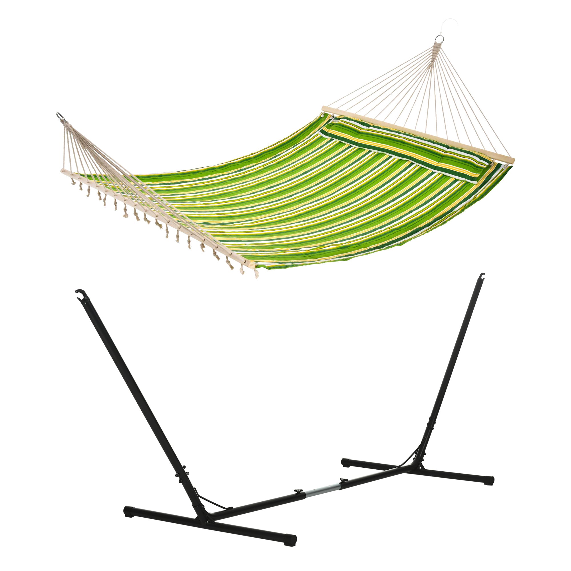 Outsunny Outdoor Garden Hammock with Stand, Double Cotton Hammock with Adjustable Steel Frame, Swing Hanging Bed with Pillow, for Garden | Aosom UK