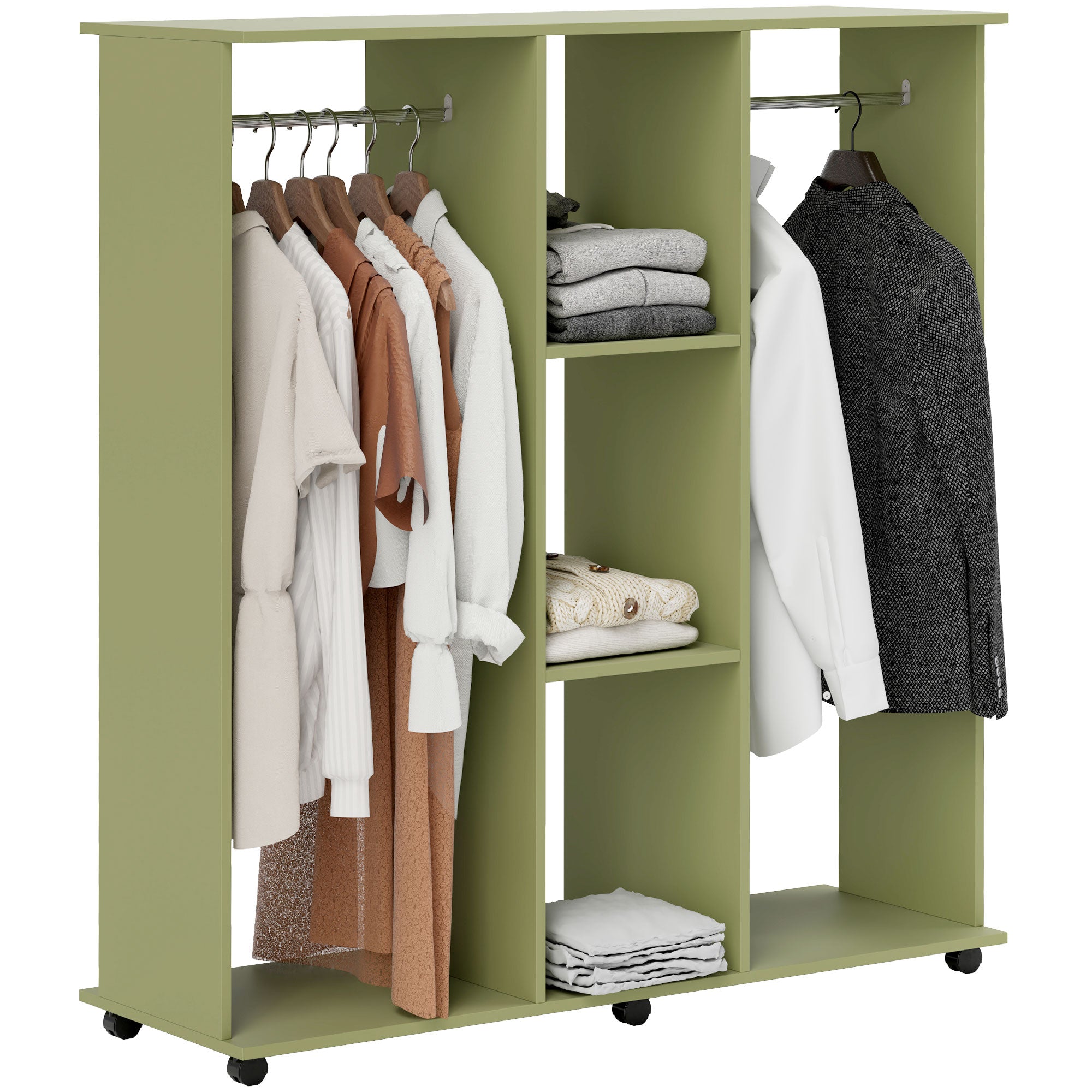 HOMCOM Open Wardrobe Double Mobile Storage Shelves Organizer W/6 Wheels-Green - North Peak Garden Furniture