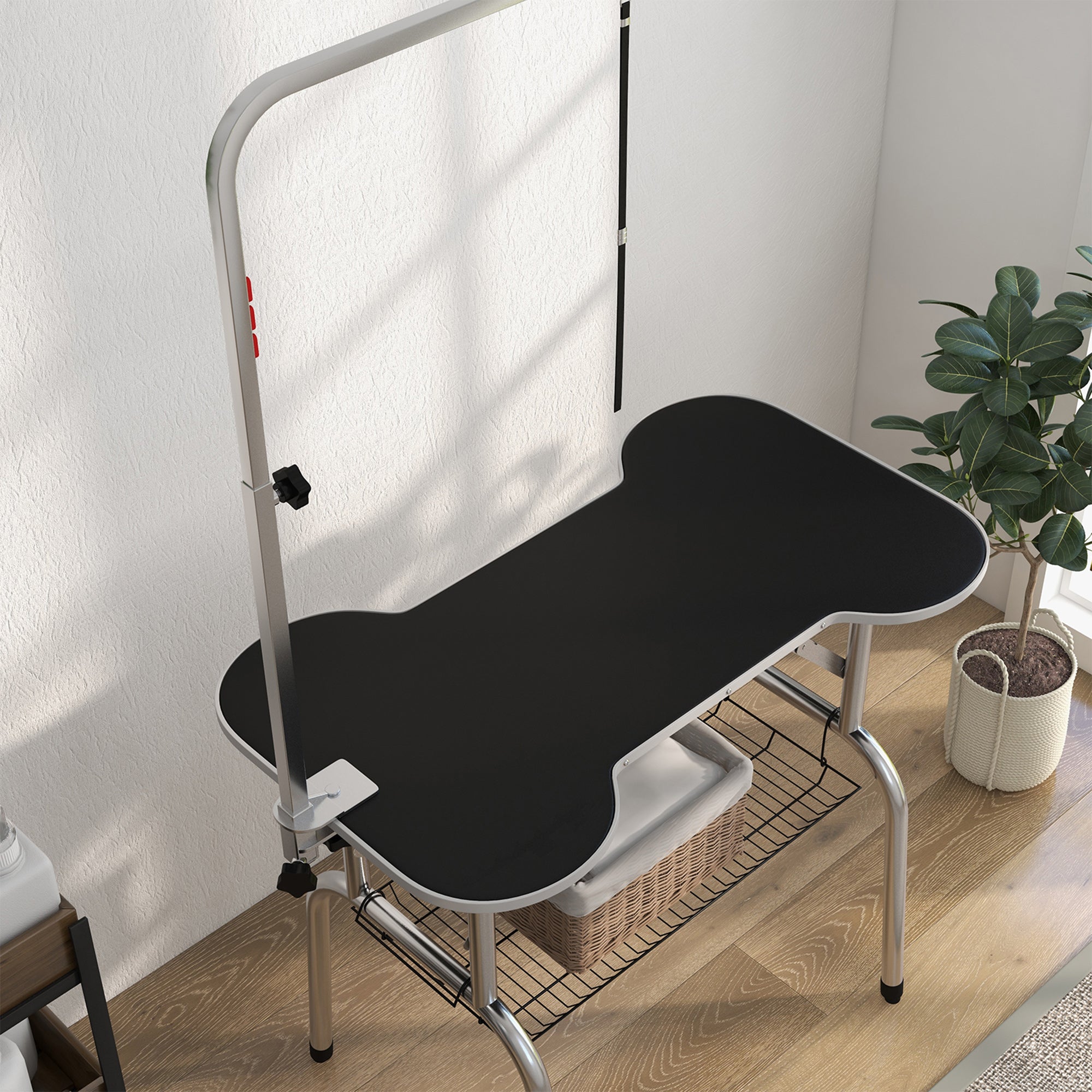 PawHut Foldable Dog Grooming Table Pet Drying Table with Adjustable Arm Non-Slip Rubber Tabletop Aluminium Alloy Edge Stainless Steel Bar Sling 94.5 x 55 x 81cm Black - North Peak Garden Furniture
