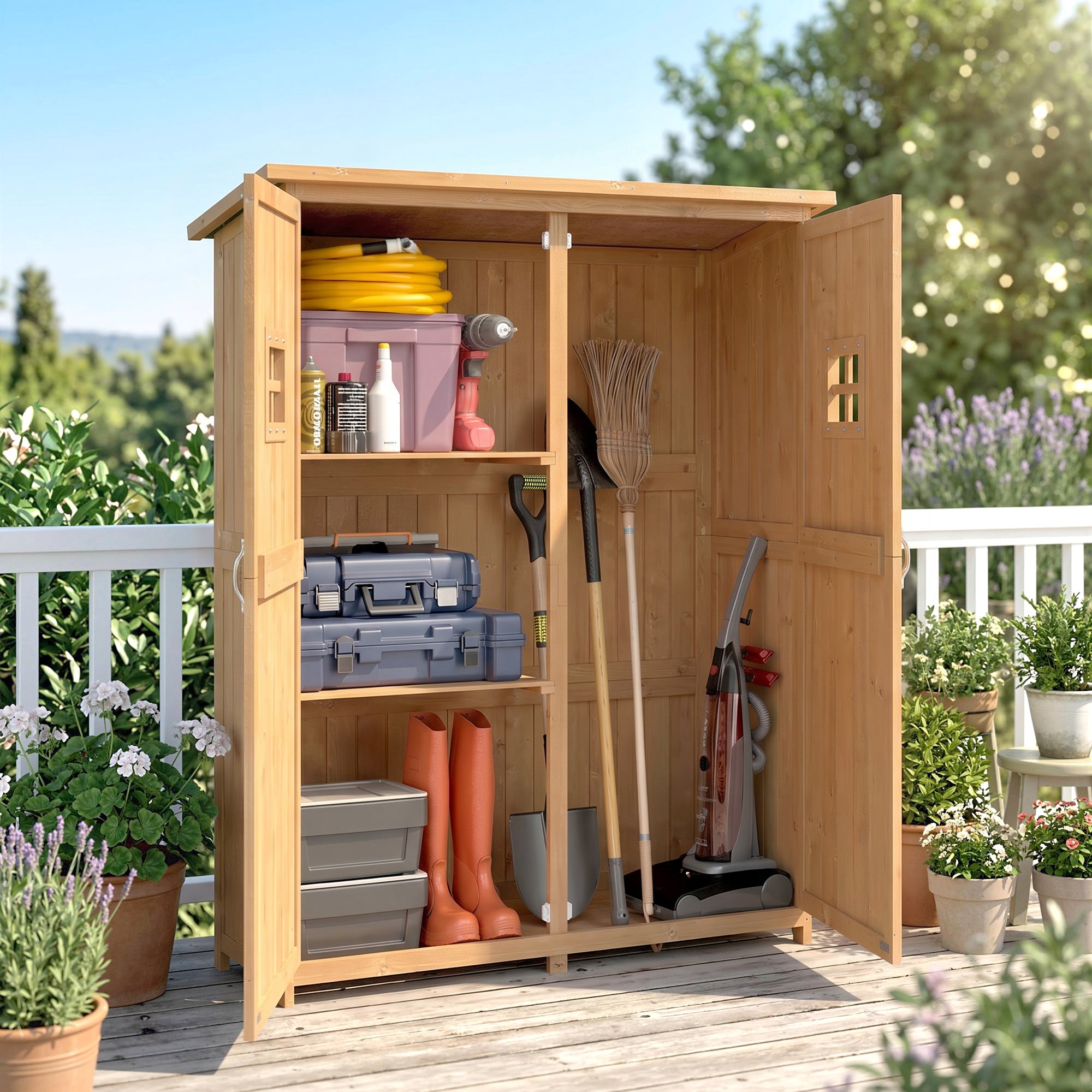 Outsunny Wooden Garden Shed with Two Windows, Tool Storage Cabinet, Outdoor Double Door Organizer 127.5L x 50W x 164H cm, Natural