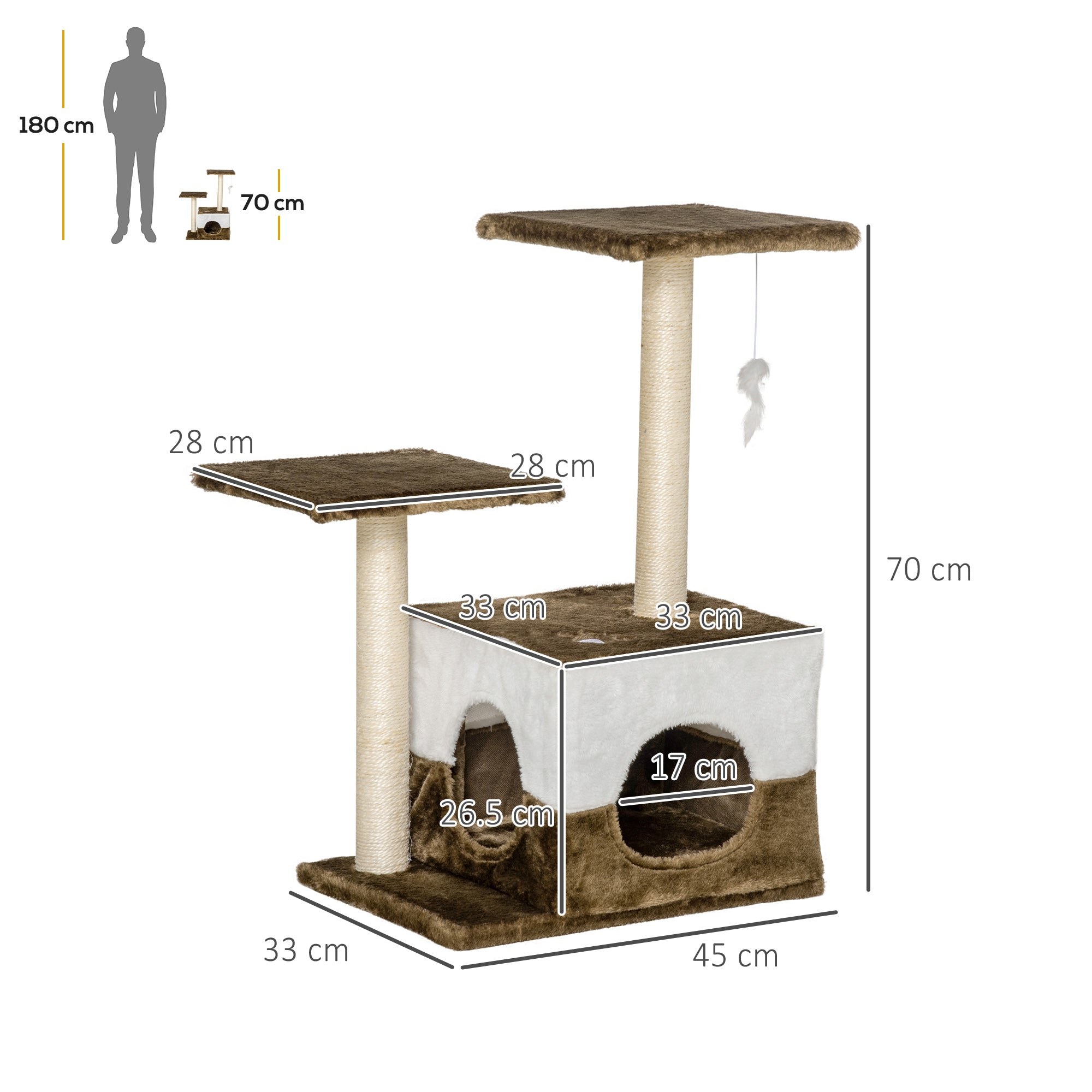 PawHut Cat Tree Tower for Indoor Cats Kitten House Scratching Posts with Condo Perch Interactive Mouse Toy, 45 x 33 x 70 cm, Brown - North Peak Garden Furniture