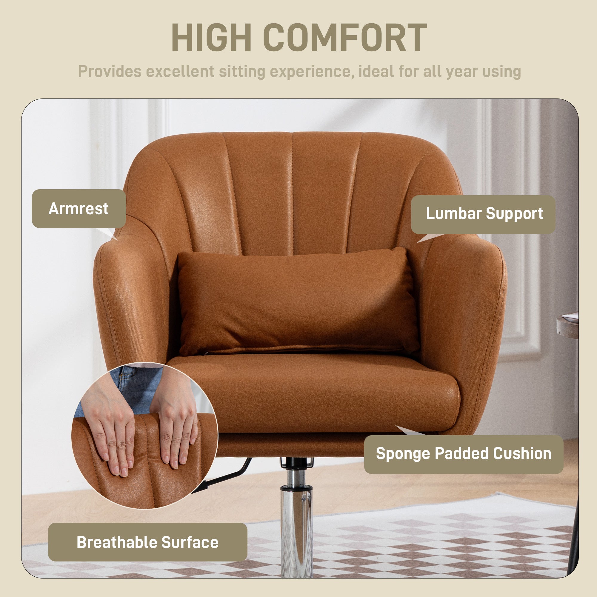 HOMCOM Swivel Accent Chair, Microfiber Cloth Tub Vanity Chair, Modern Armchair with Adjustable Height and Lumbar Support for Living Room Bedroom Salon Make up Room Dressing Table, Brown
