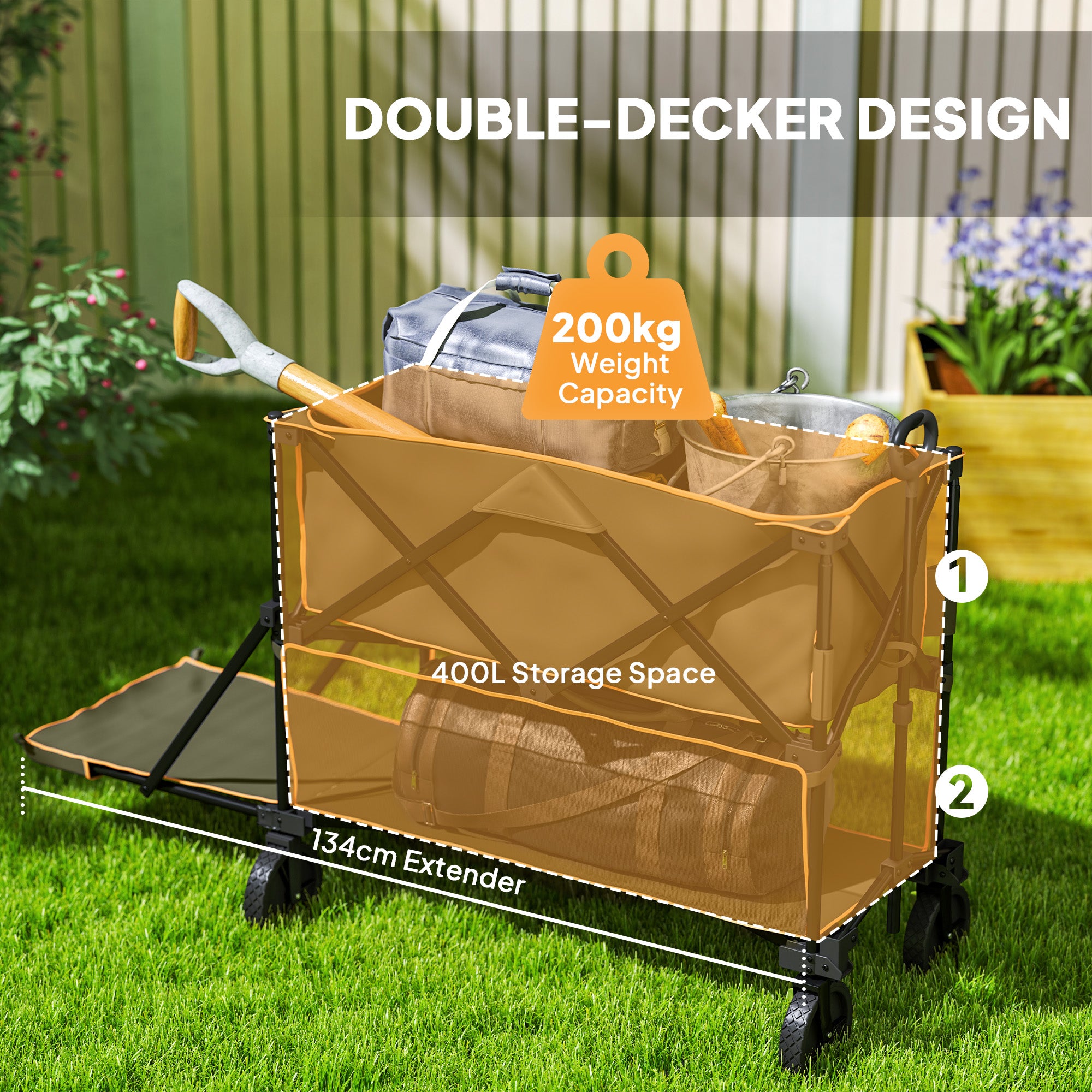 Outsunny Double Decker Folding Trolley on Wheels, 200KG & 350L Capacity Collapsible Wagon Festival Trolley Cart with 134cm Extended for Camping Sports Shopping Garden and Beach, Grey - North Peak Garden Furniture