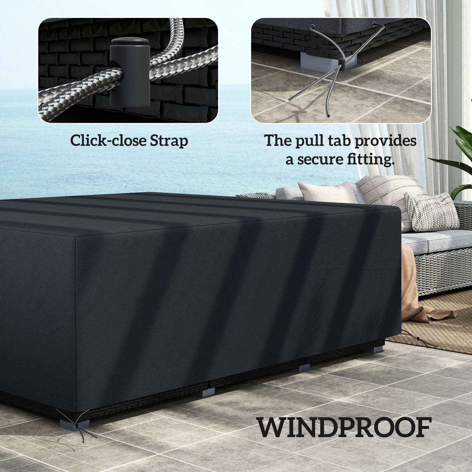 Outsunny 600D Oxford Outdoor Garden Furniture Sofa Set Cover, Waterproof Anti-UV Rattan Sun Lounger Protection Protector Cover, 225L x 210W x 70Hcm, Black - North Peak Garden Furniture