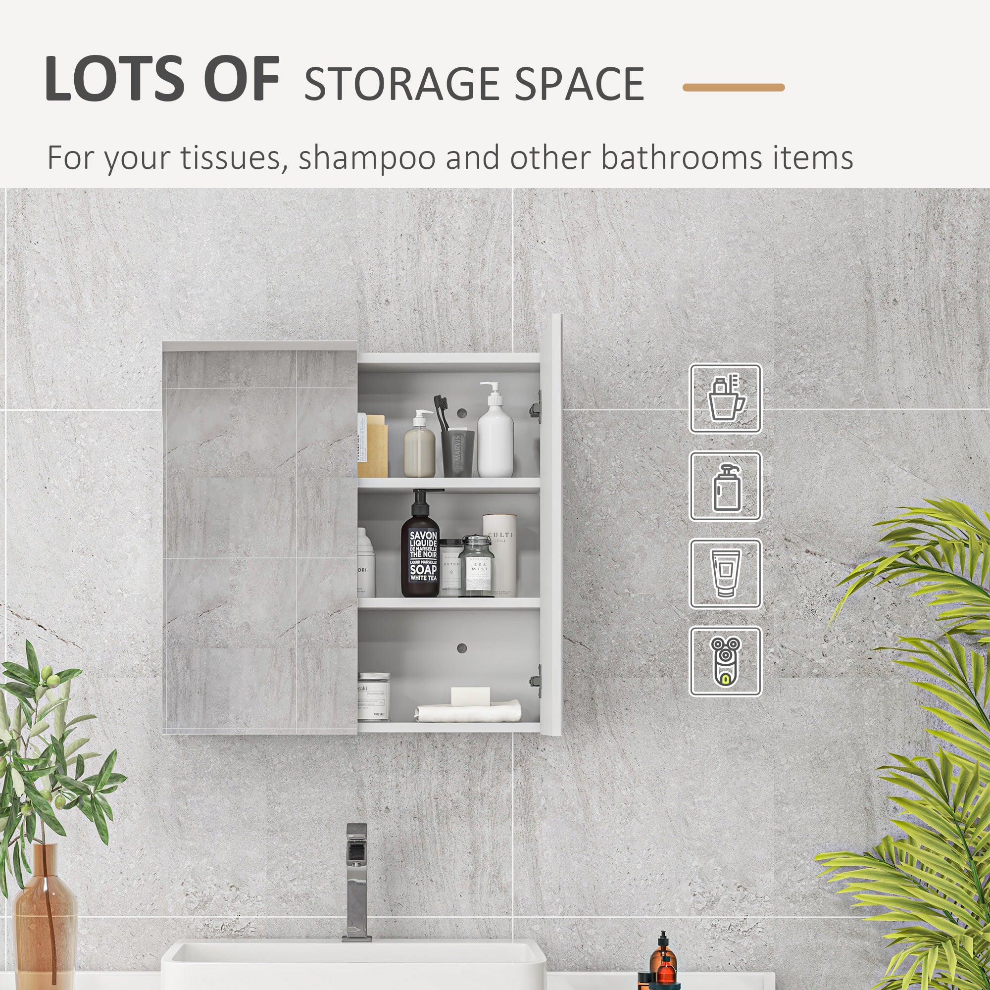 kleankin Bathroom Mirror Cabinet, Wall Mounted Bathroom Storage Cupboard with Adjustable Shelf, 60W x 15D x 60Hcm, High Gloss White - North Peak Garden Furniture