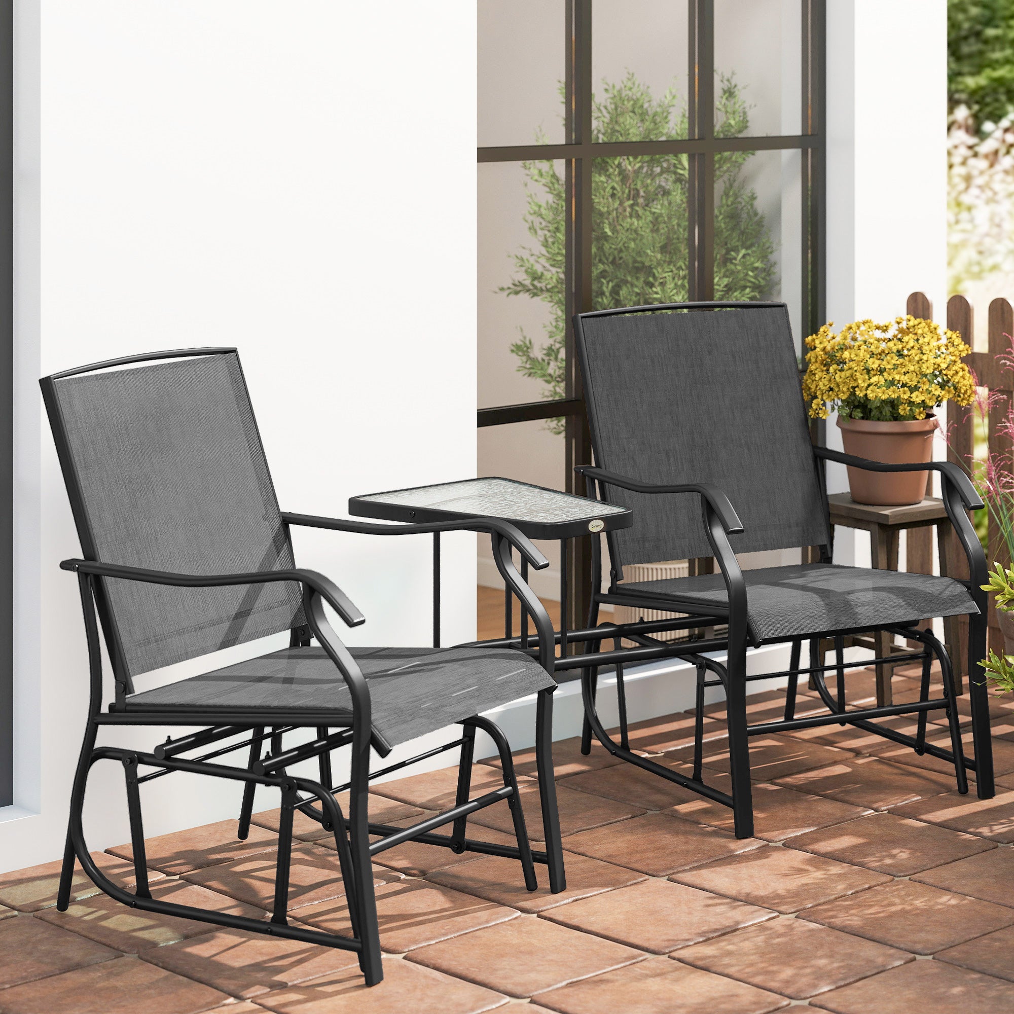 Outsunny Gliding Jack and Jill Seat, with Glass-Top Table - Black