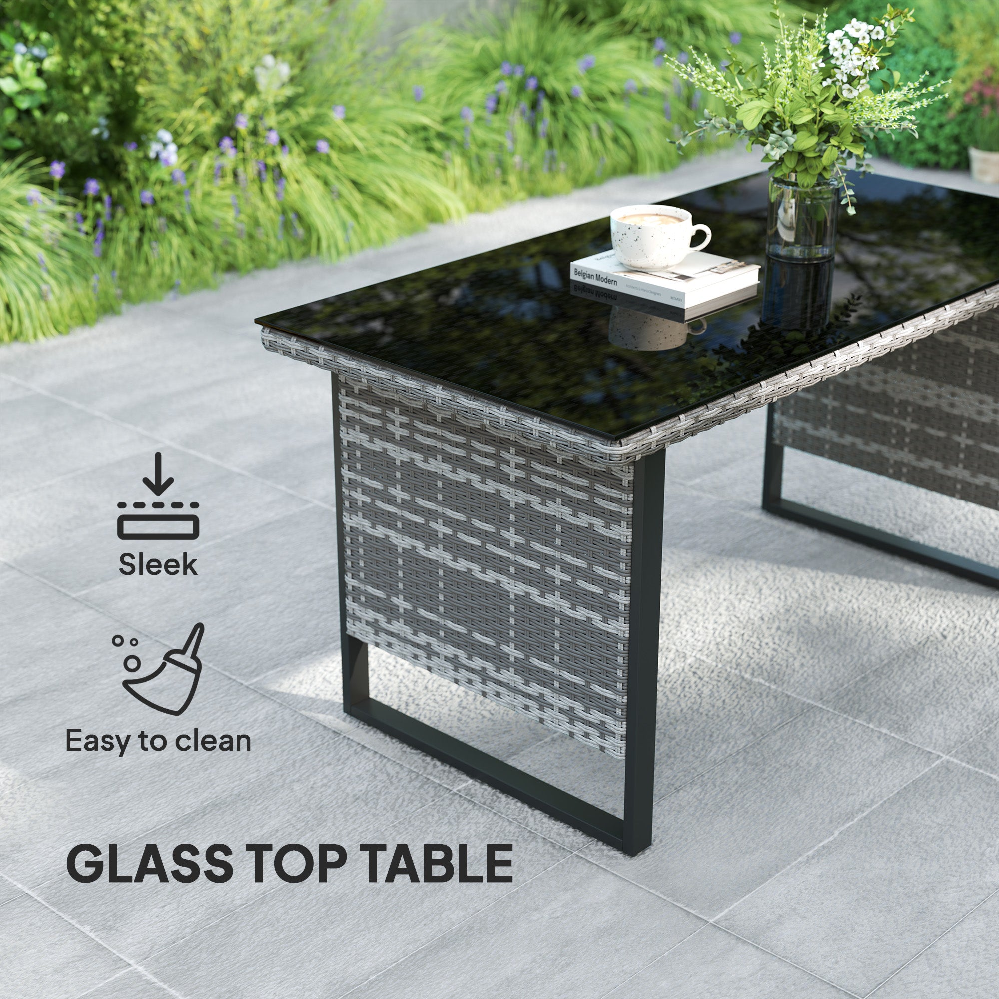 Outsunny 9 Piece Rattan Garden Furniture Set, 8 Seater Garden Corner Sofa with Cushions and Glass Top Table, Sectional Outdoor Furniture Conservatory Set for Patio, Light Grey - North Peak Garden Furniture