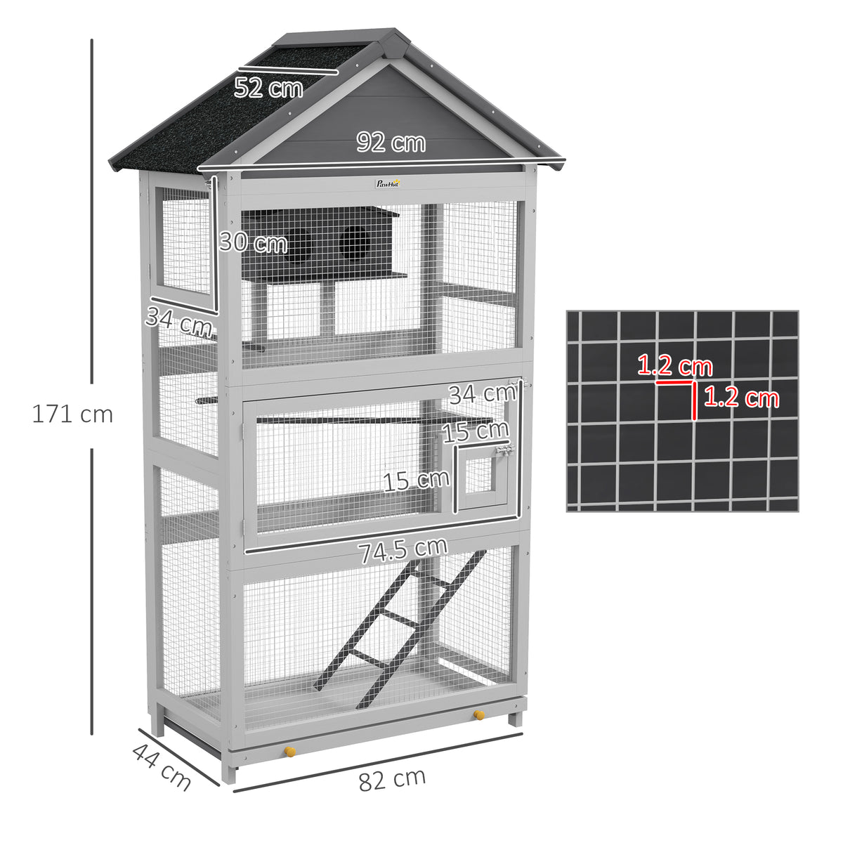PawHut Wooden Bird Cage, with Stand, for Finches, Parakeets, Small birds - Grey
