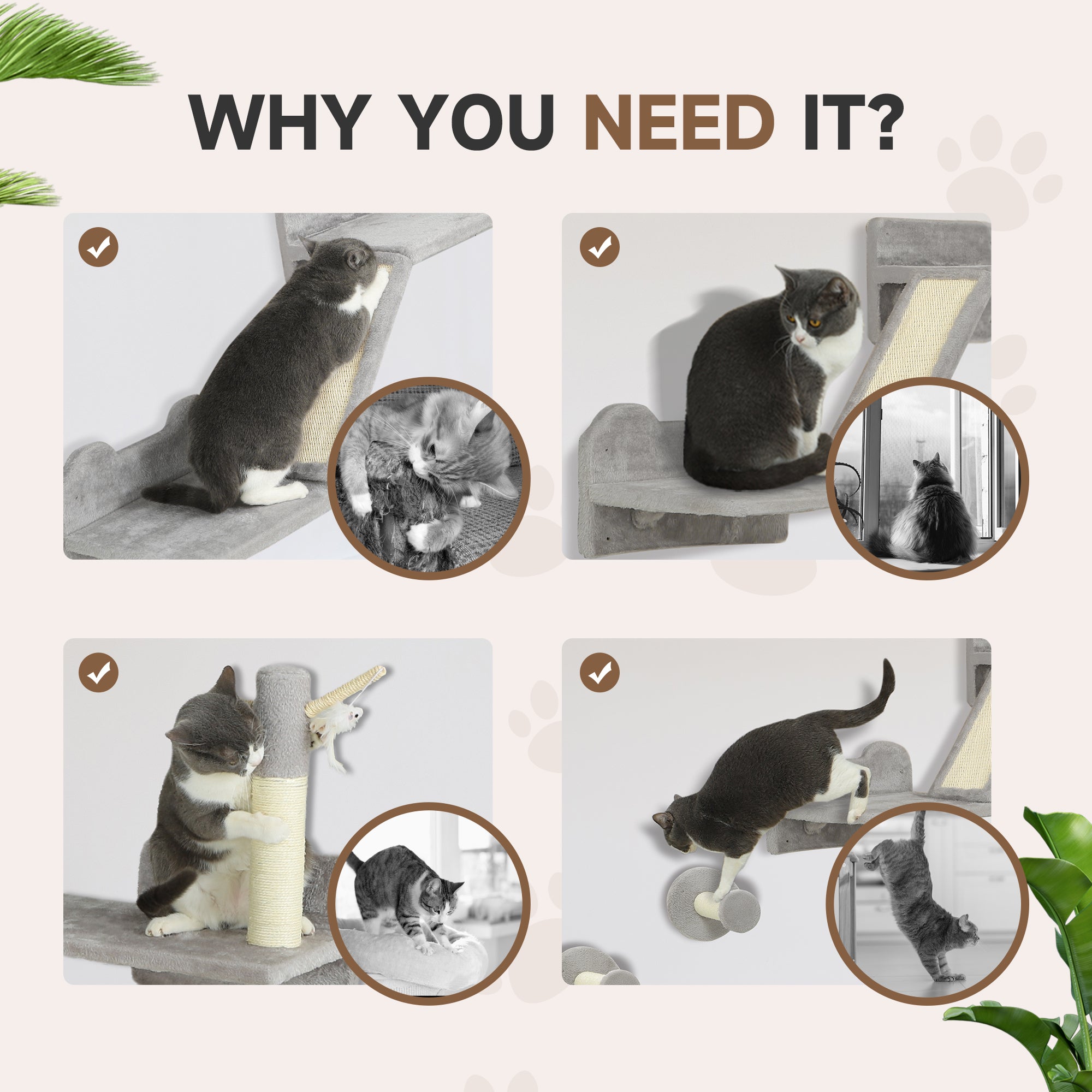 PawHut 3-Piece Cat Wall Furniture with Scratching Posts, Scratching Pads, Perches, Cat Wands, Toy Balls, Light Grey - North Peak Garden Furniture