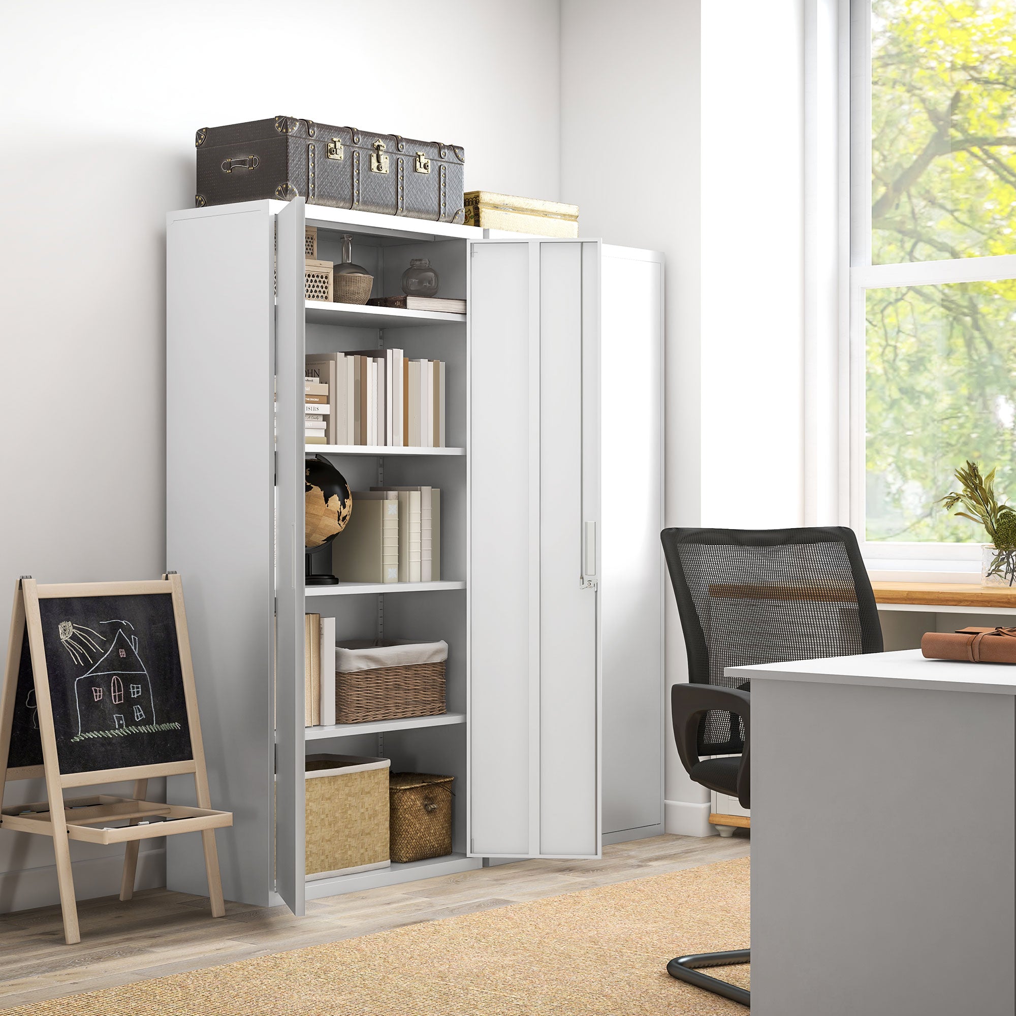 HOMCOM Five Shelf Lockable Steel Office Cabinet - White - North Peak Garden Furniture