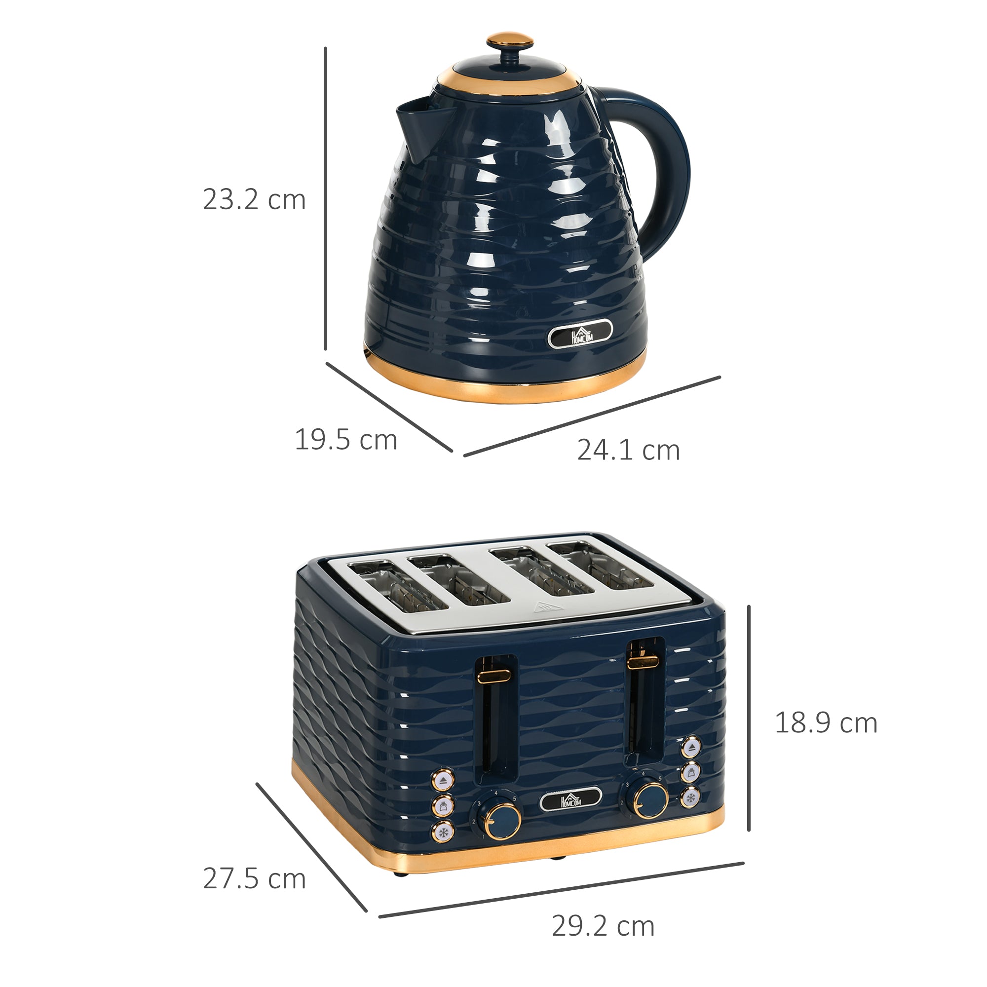 HOMCOM 3000W 1.7L Rapid Boil Kettle & 4 Slice Toaster, Kettle and Toaster Set with 7 Browning Controls and Crumb Tray, Blue - North Peak Garden Furniture
