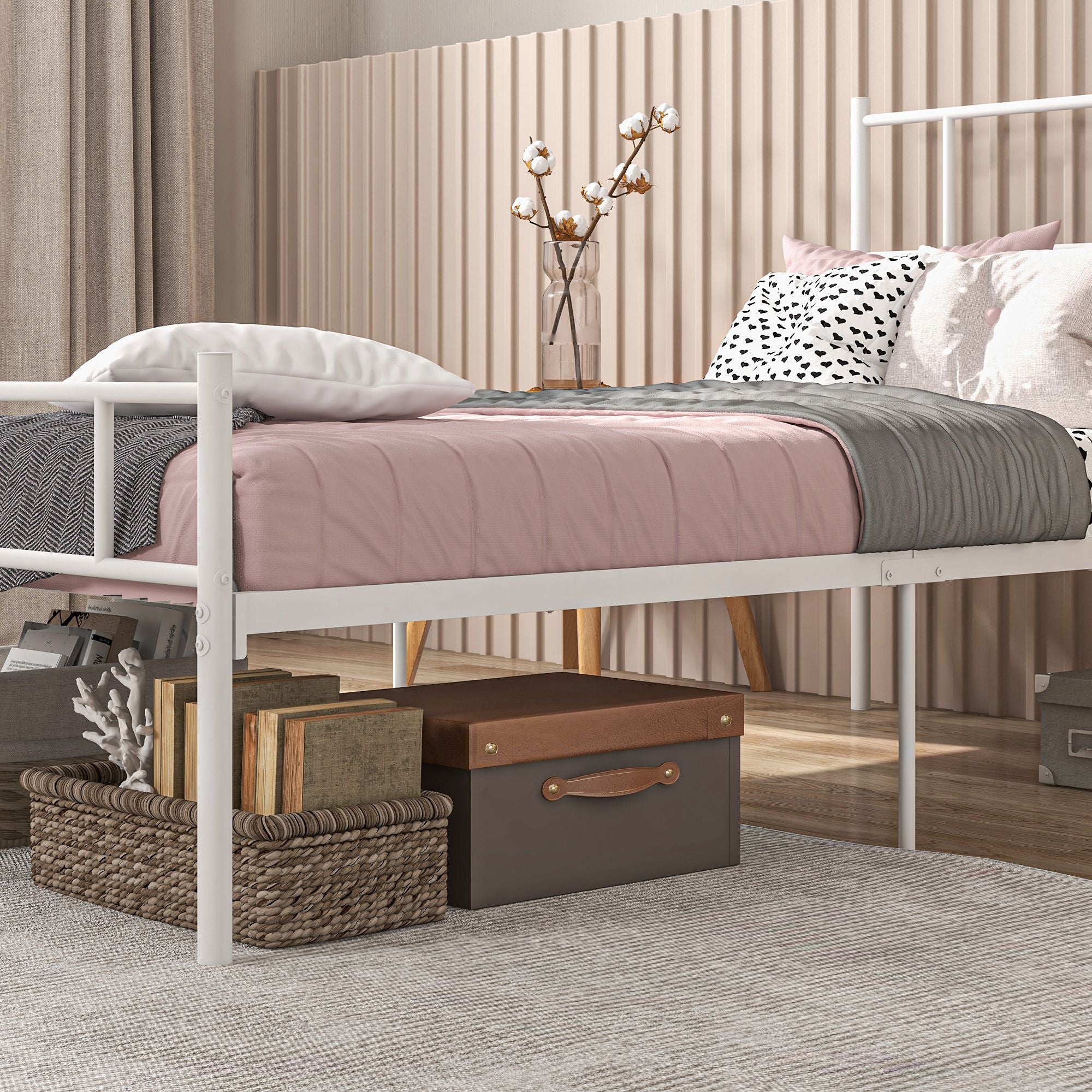 HOMCOM Single Bed Frame, Metal Bed Base with Headboard and Footboard, Metal Slat Support and 31cm Underbed Storage Space - North Peak Garden Furniture