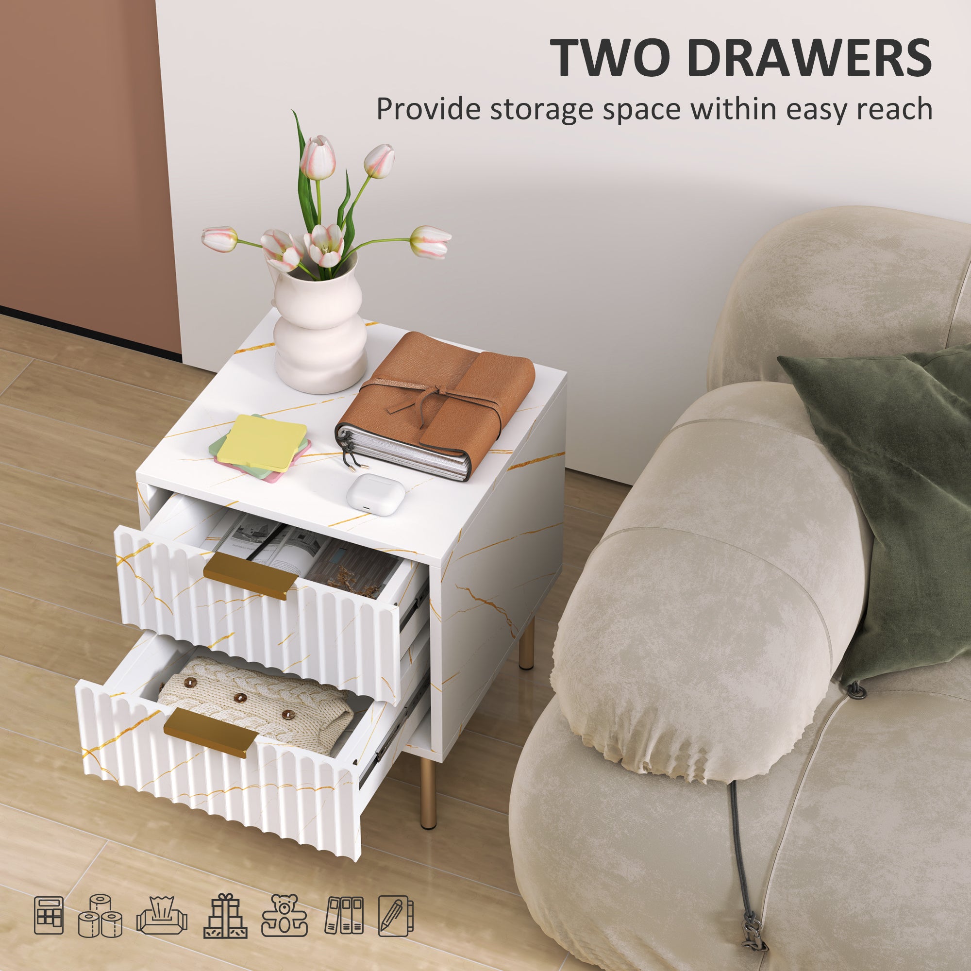 HOMCOM Elegant Two-Drawer Bedside Table - White - North Peak Garden Furniture