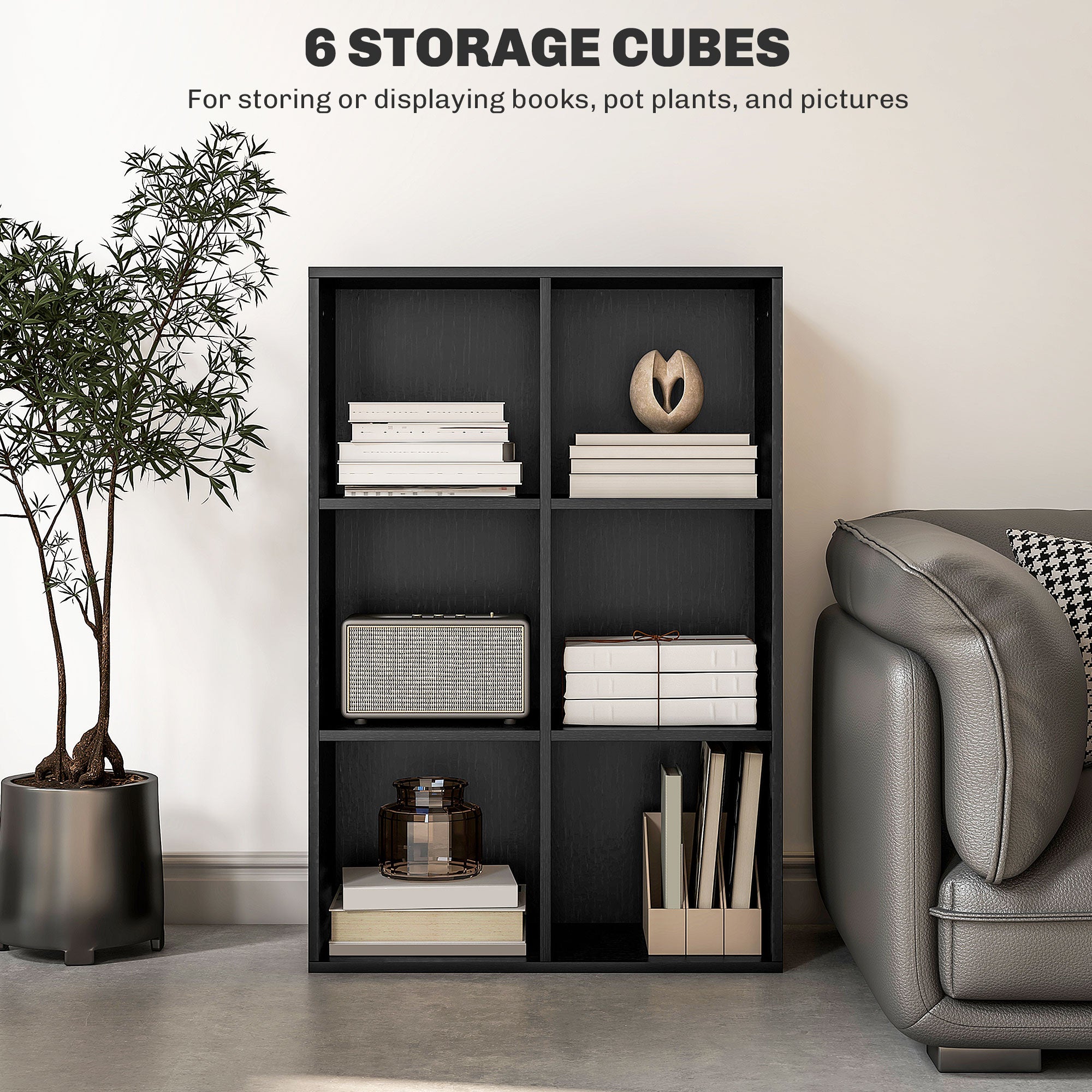 HOMCOM Six-Cube Bookcase - Black Wood Effect - North Peak Garden Furniture