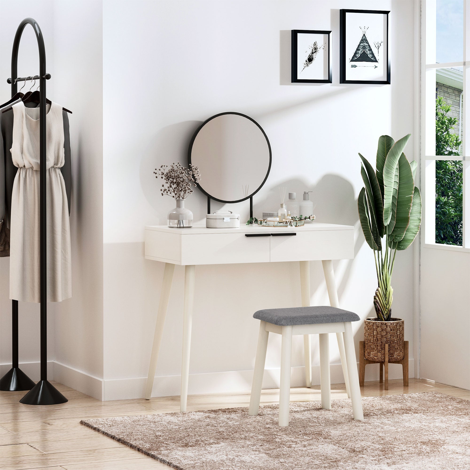 HOMCOM Dressing Table with Mirror and Stool, Vanity Makeup Desk Set with 2 Drawers, Cushioned Stool and Make-up Organizer for Bedroom and Dressing Room, White - North Peak Garden Furniture