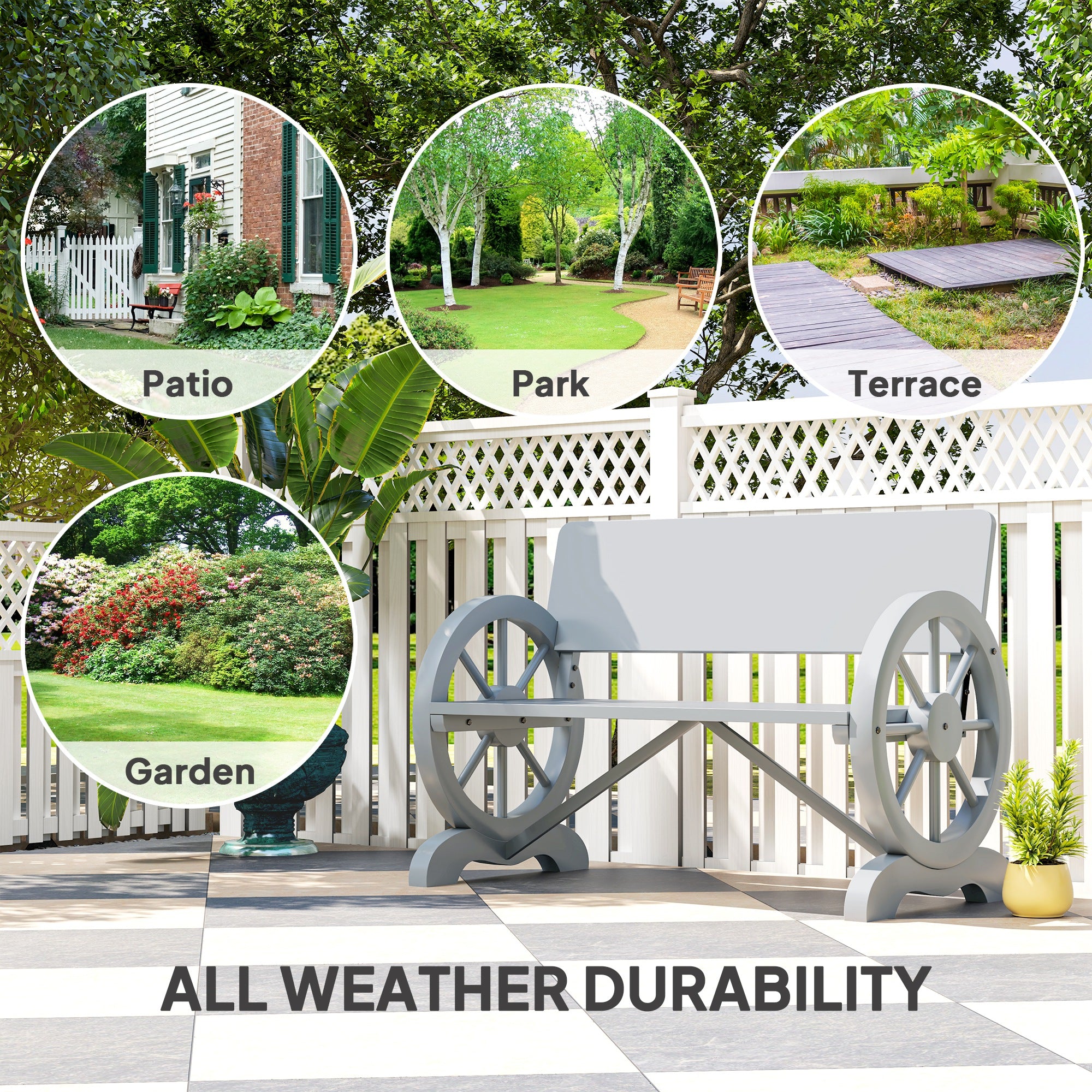 Outsunny Fir Wood 2-Seater Outdoor Garden Wagon Wheel Bench, Grey - North Peak Garden Furniture