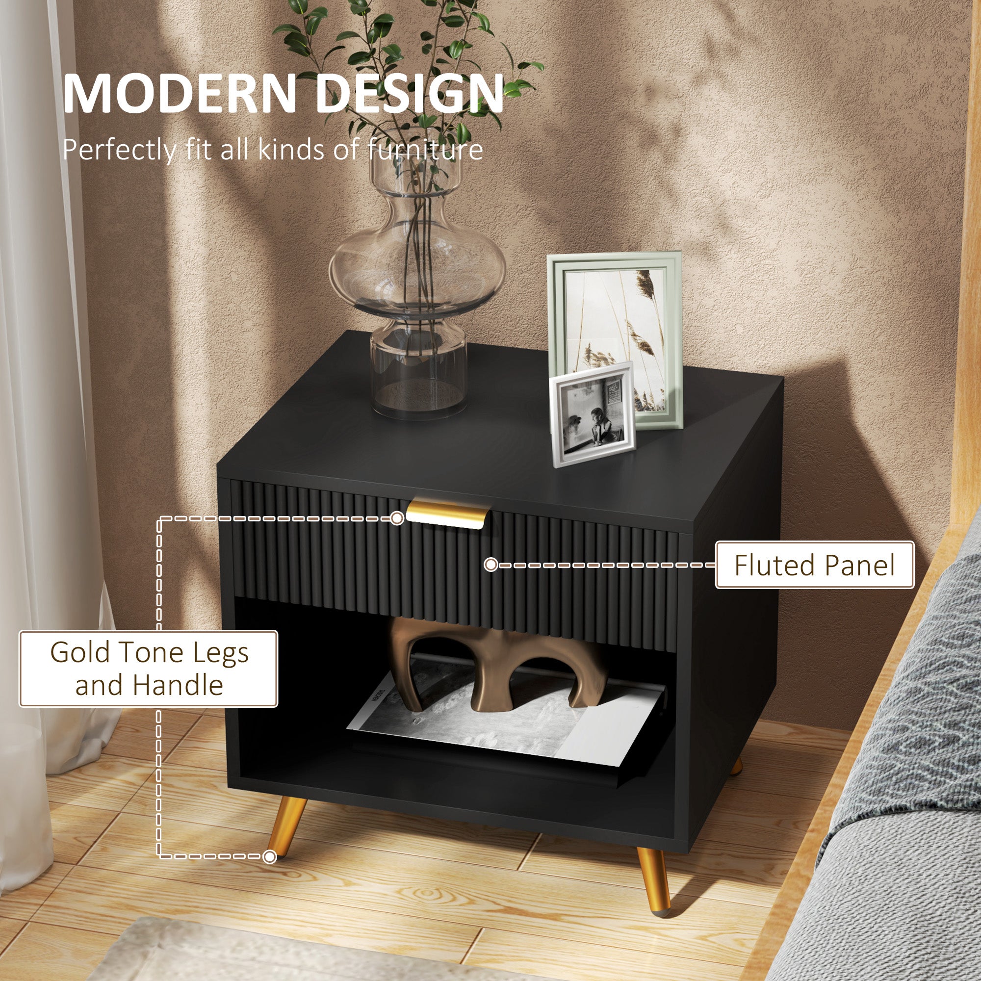 HOMCOM Elegant Bedside Table, with Drawer and Shelf - Black/Gold Tone - North Peak Garden Furniture