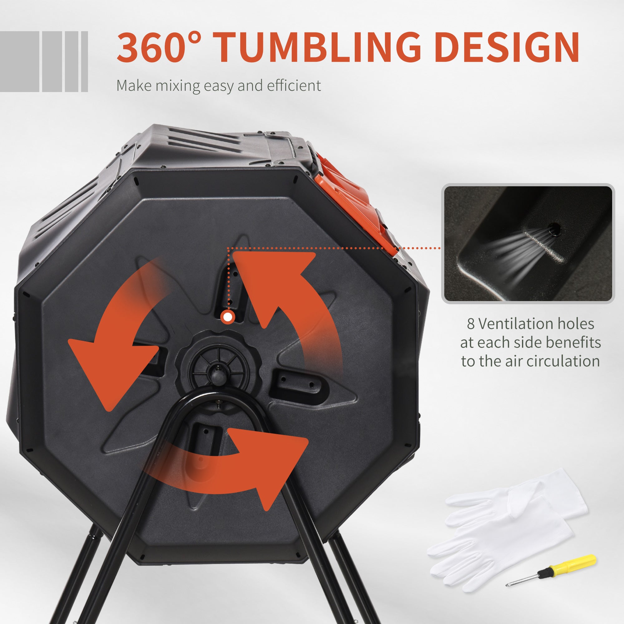 Outsunny 160L Tumbling Compost Bin Outdoor Dual Chamber 360° Rotating Composter, Garden Compost Bin w/ Sliding Doors & Solid Steel Frame, Orange - North Peak Garden Furniture