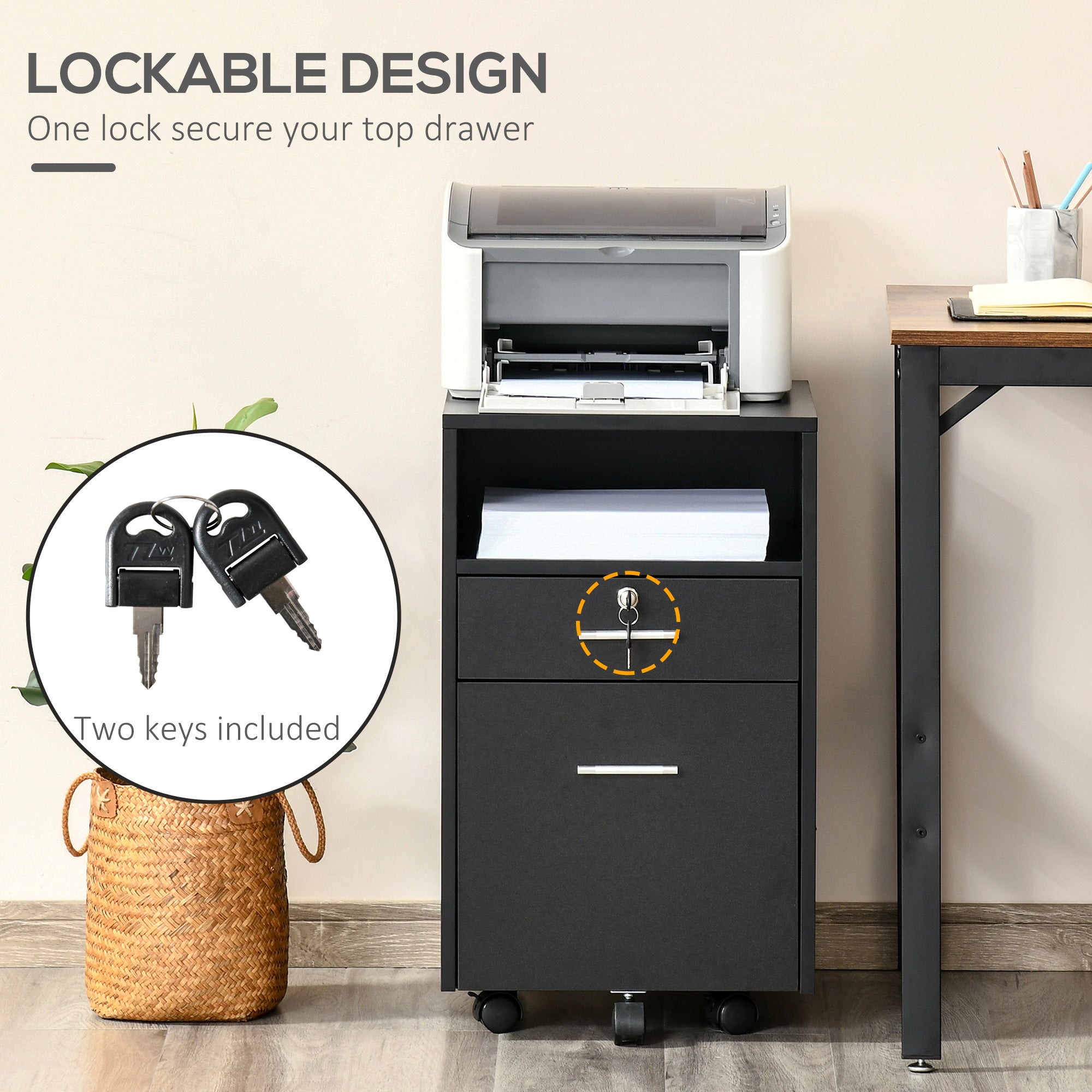 Vinsetto Lockable Two-Drawer Filing Cabinet, with Wheels - Black - North Peak Garden Furniture