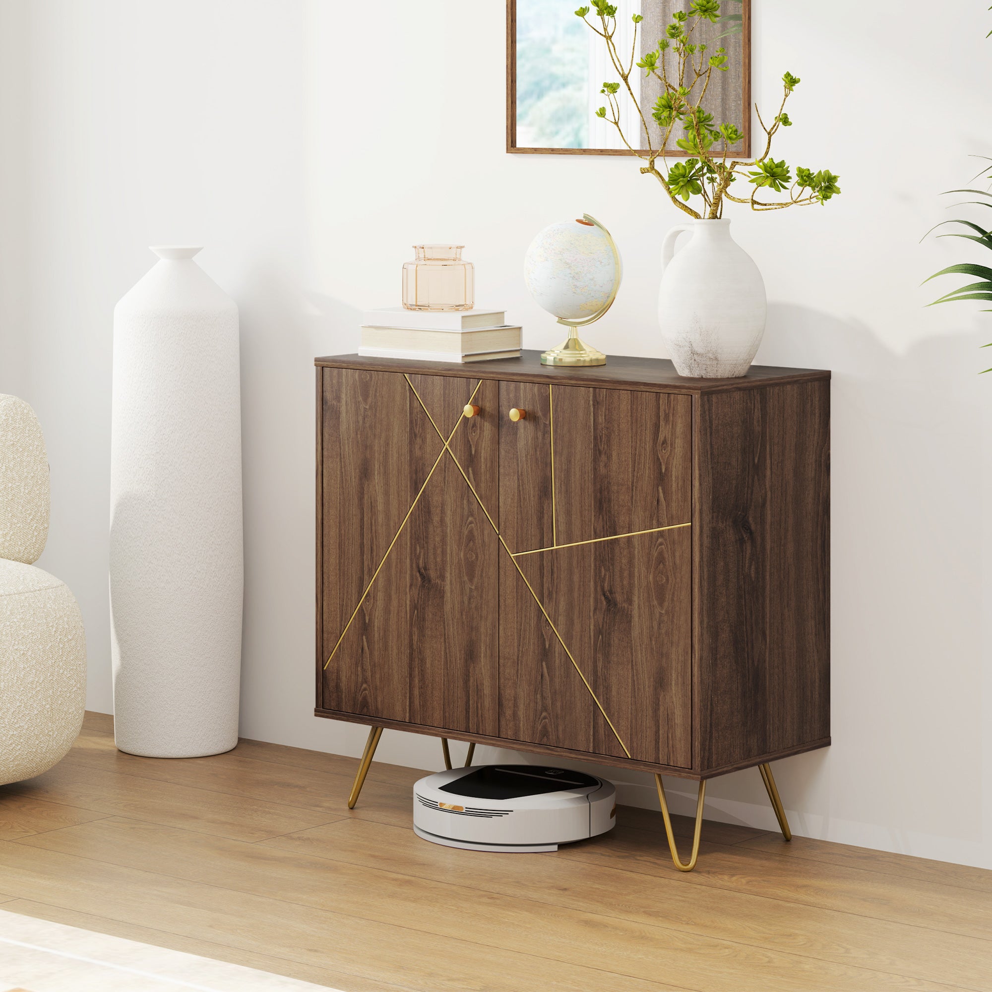 HOMCOM Sideboard Storage Cabinet with Golden Steel Lines, modern rustic Kitchen Buffet Cabinet with Adjustable Shelf Steel Legs for Living Room Dining Room, Brown - North Peak Garden Furniture