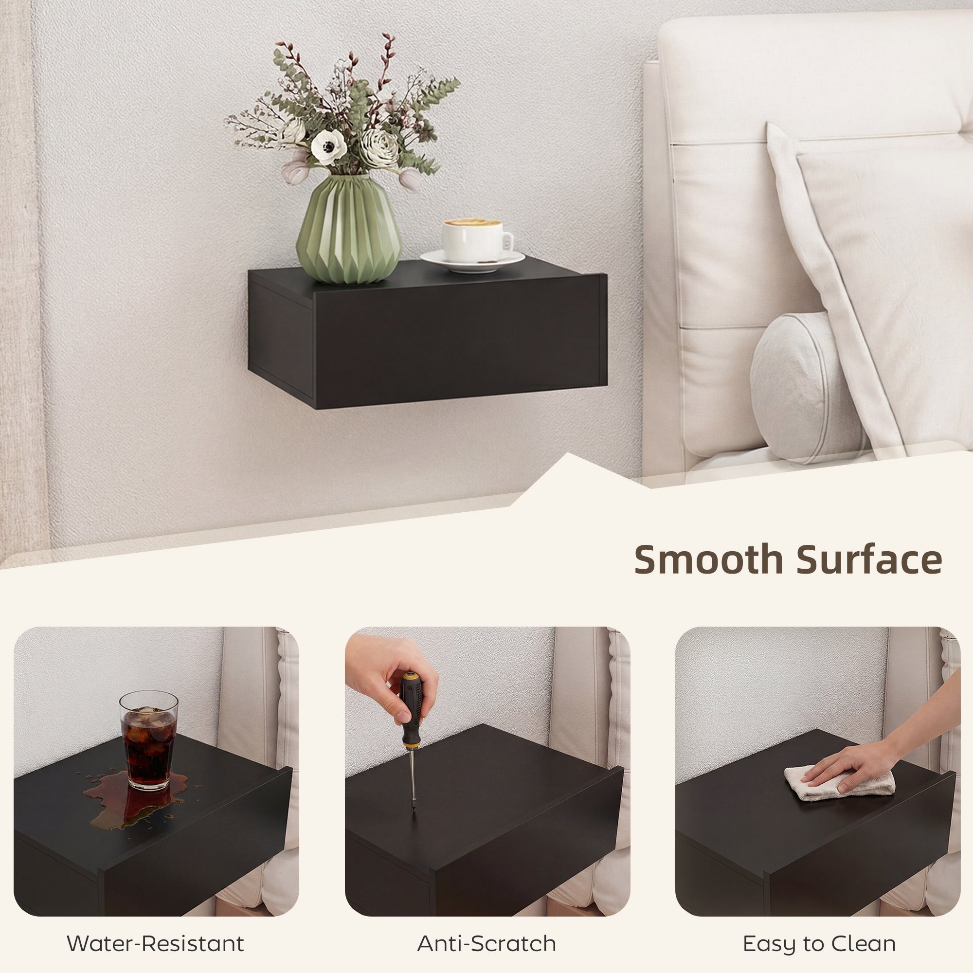 HOMCOM Floating Bedside Table Set of 2, Wall-Mounted Nightstand with Storage Drawer, Small Side End Table for Bedroom, Black